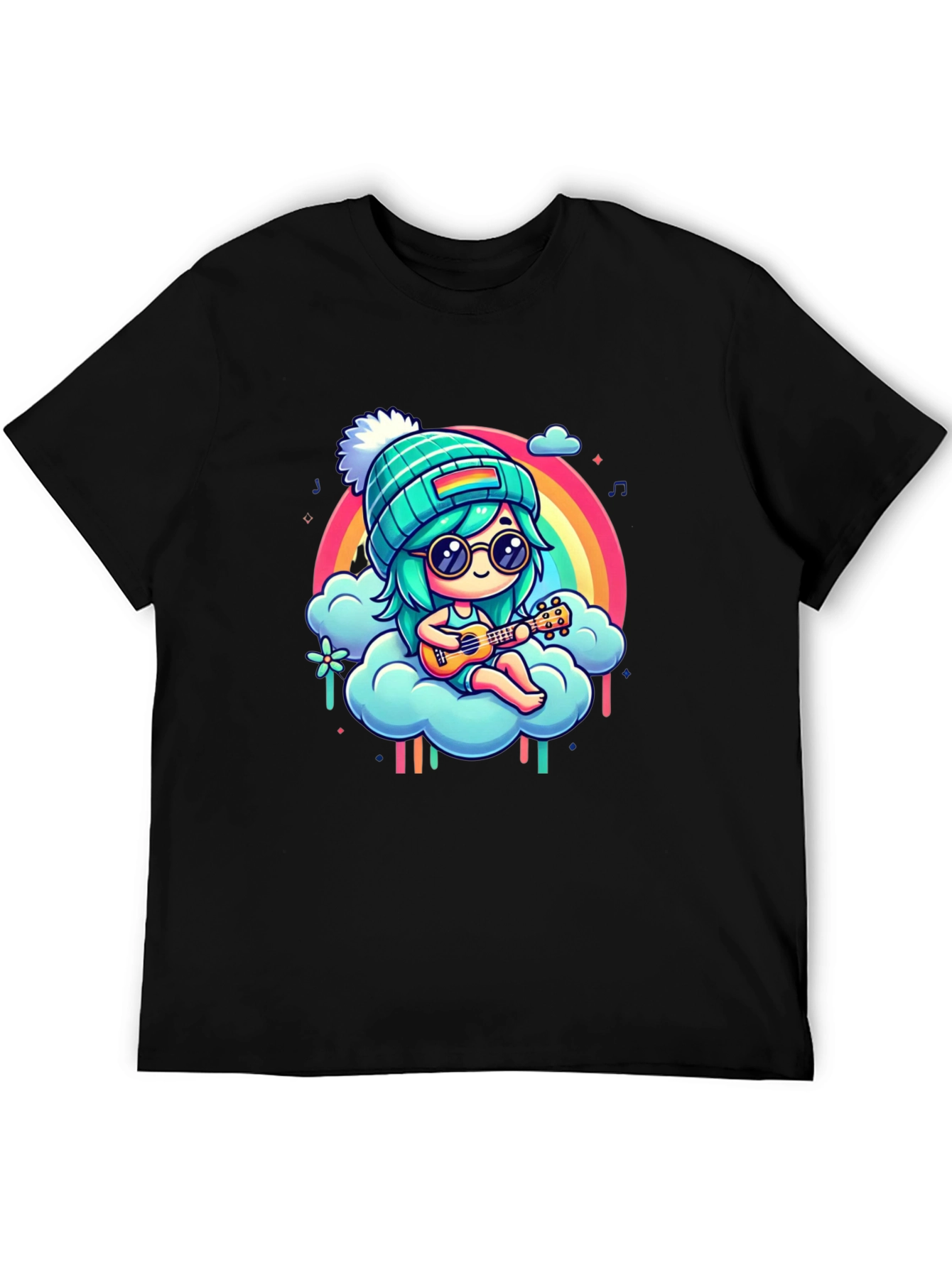 Rainbow Ukulele Girl Black T-Shirt