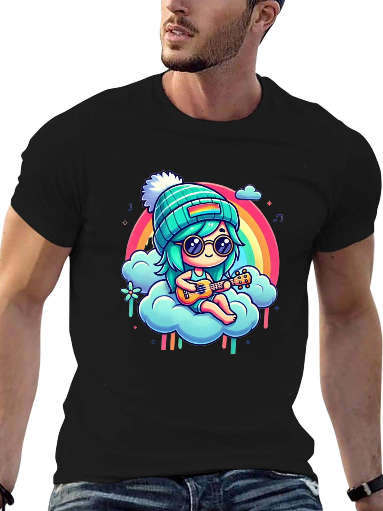 Rainbow Ukulele Girl Black T-Shirt