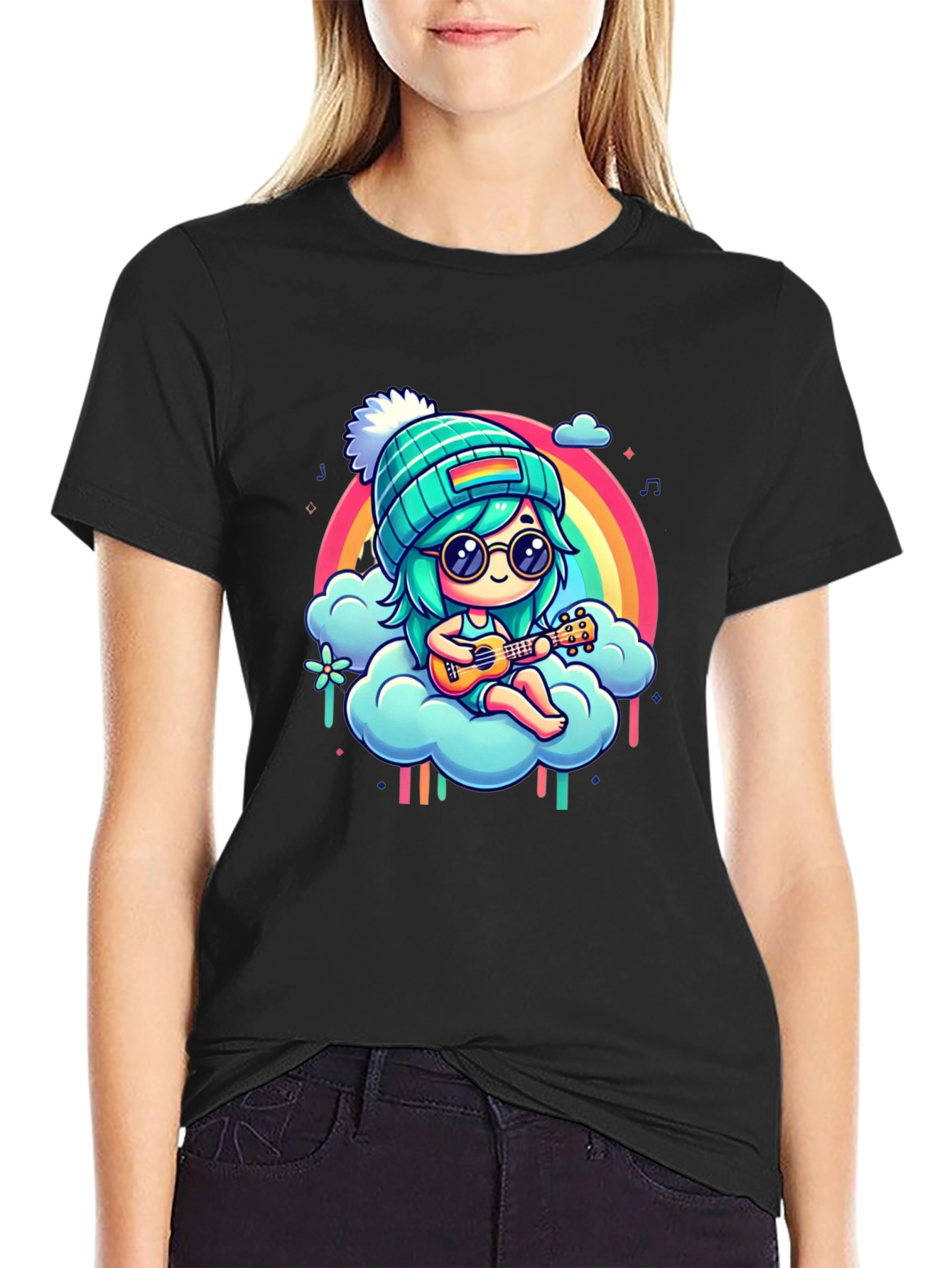 Rainbow Ukulele Girl Black T-Shirt