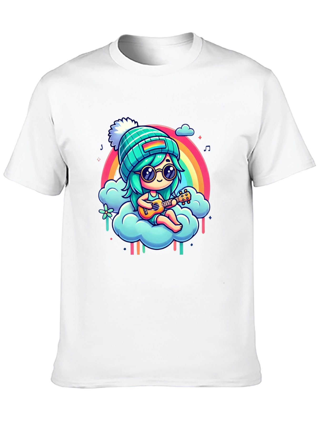 Rainbow Ukulele Girl Black T-Shirt