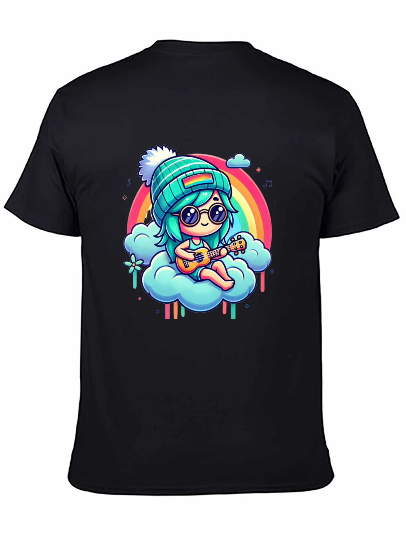 Rainbow Ukulele Girl Black T-Shirt
