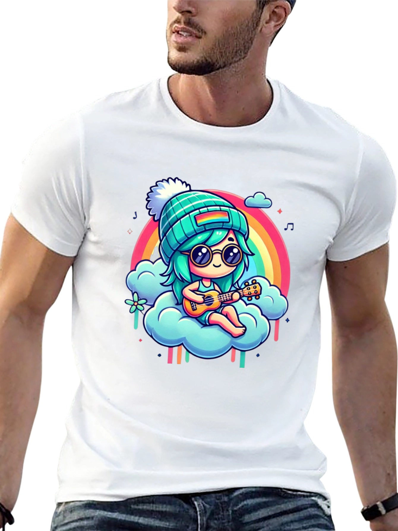 Rainbow Ukulele Girl Black T-Shirt