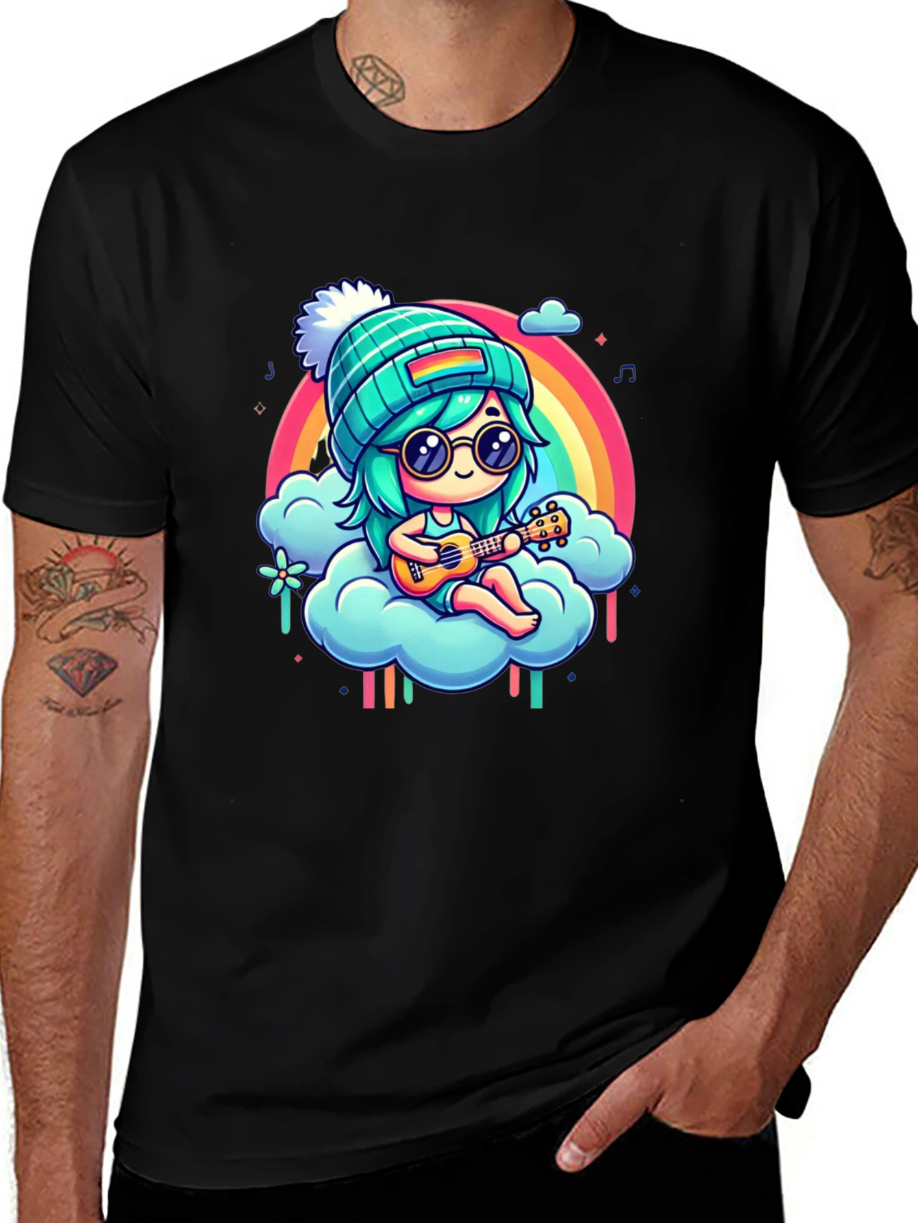 Rainbow Ukulele Girl Black T-Shirt
