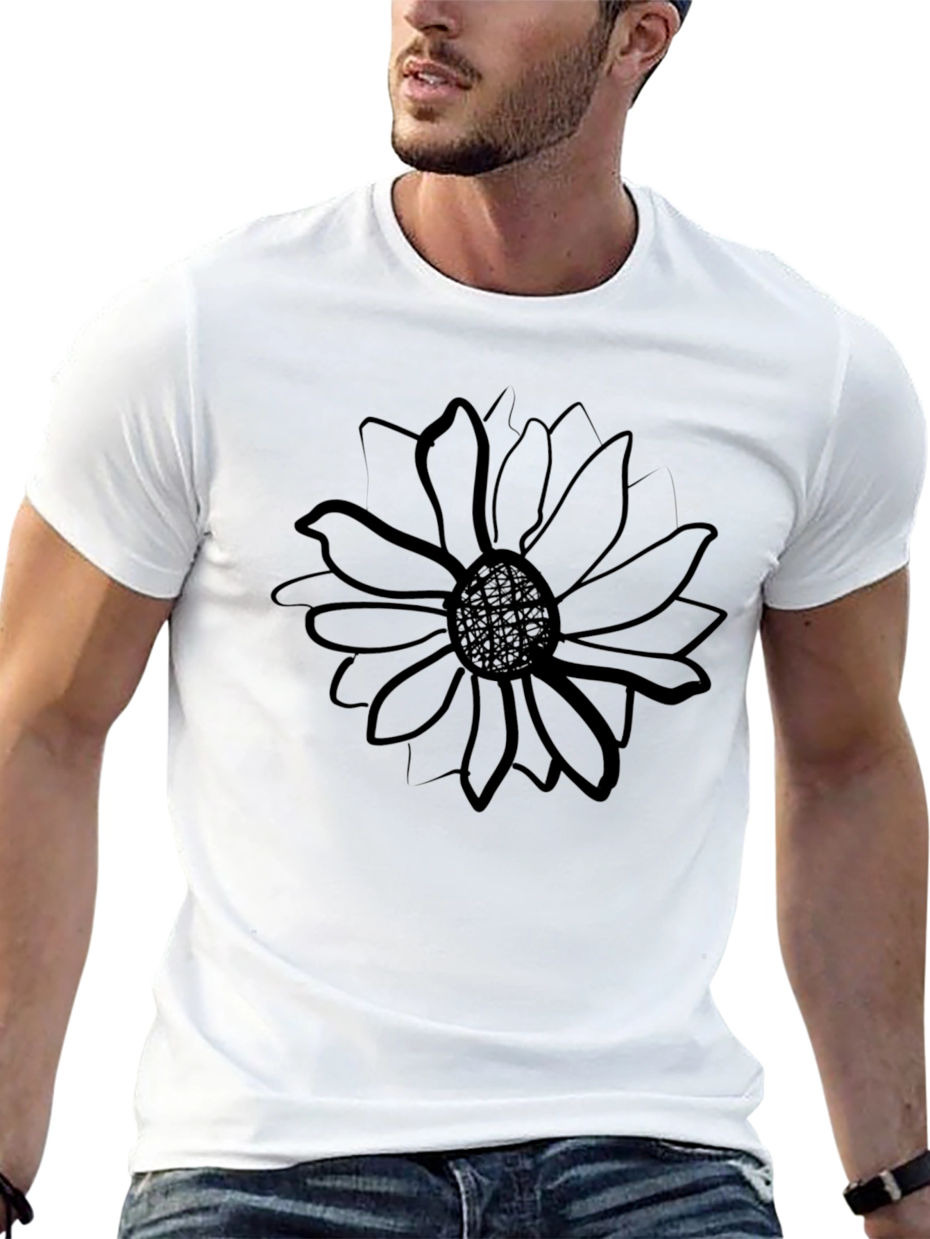 Mens Black T-Shirt with Sunflower Graphic Print