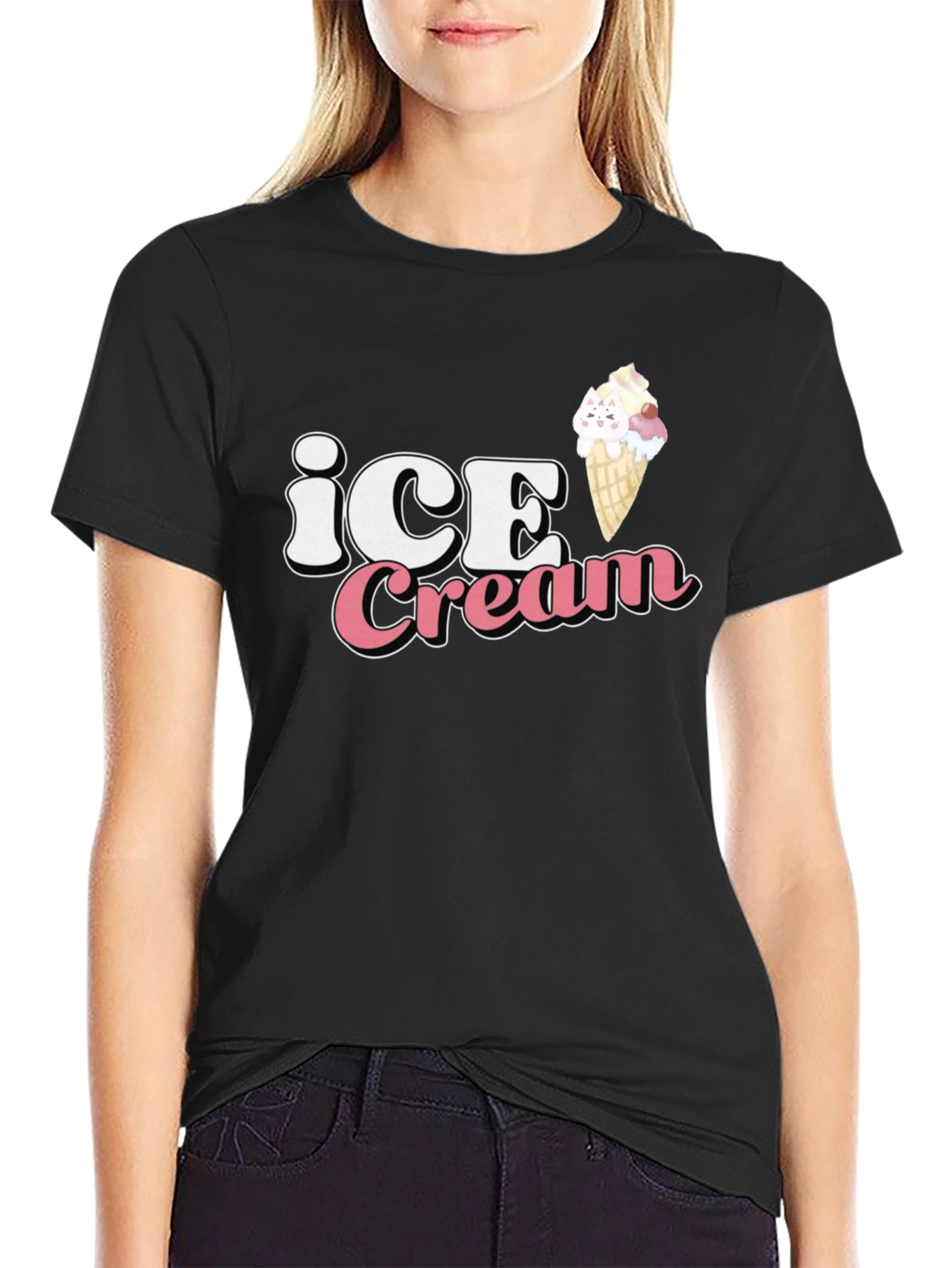 Ice Cream Kitty Black T-Shirt