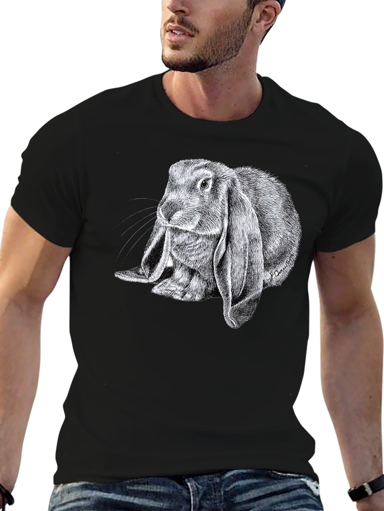 Cute Lop Rabbit Graphic Tee - Black Cotton T-Shirt