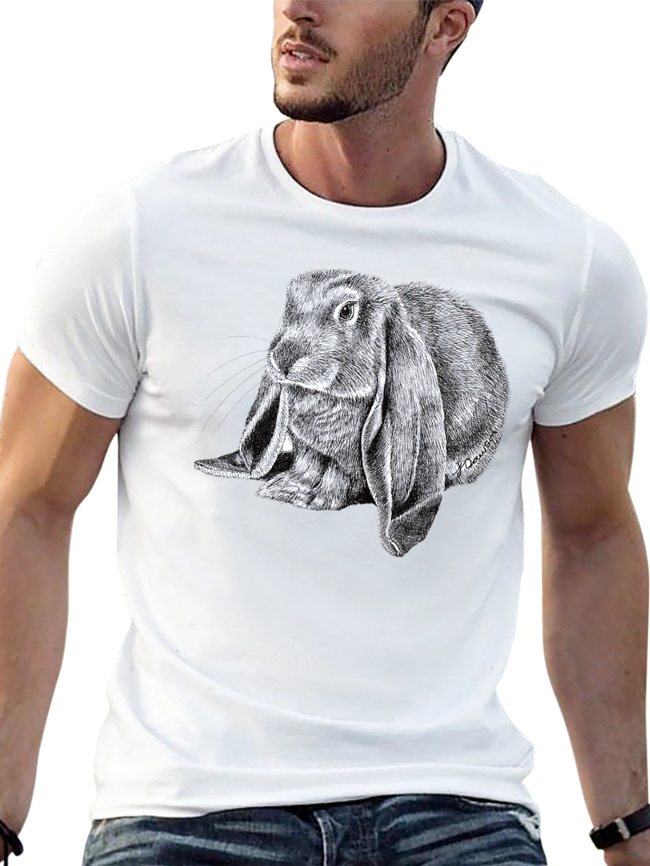 Cute Lop Rabbit Graphic Tee - Black Cotton T-Shirt