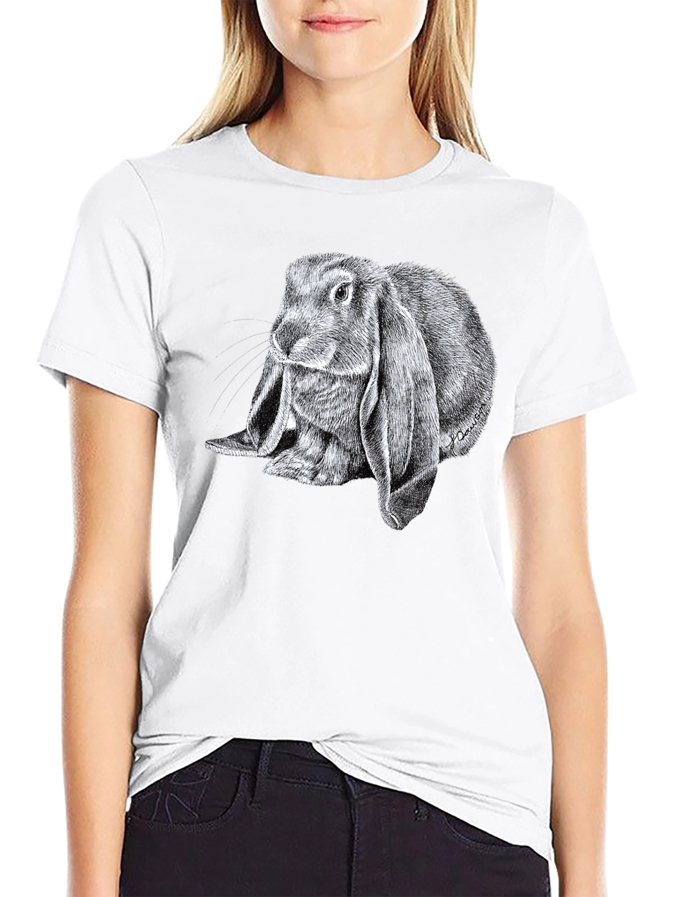 Cute Lop Rabbit Graphic Tee - Black Cotton T-Shirt