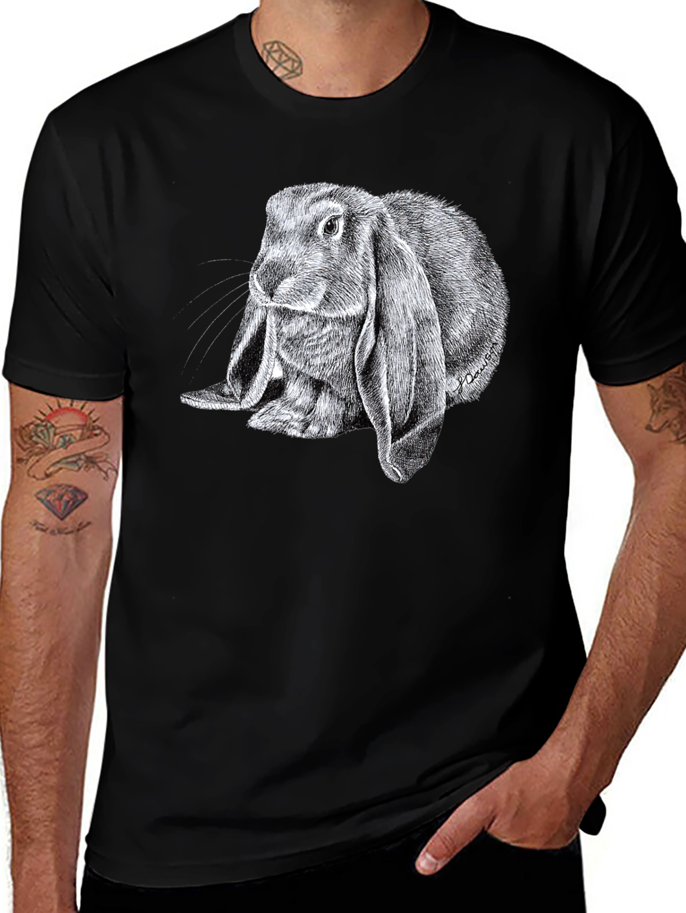 Cute Lop Rabbit Graphic Tee - Black Cotton T-Shirt