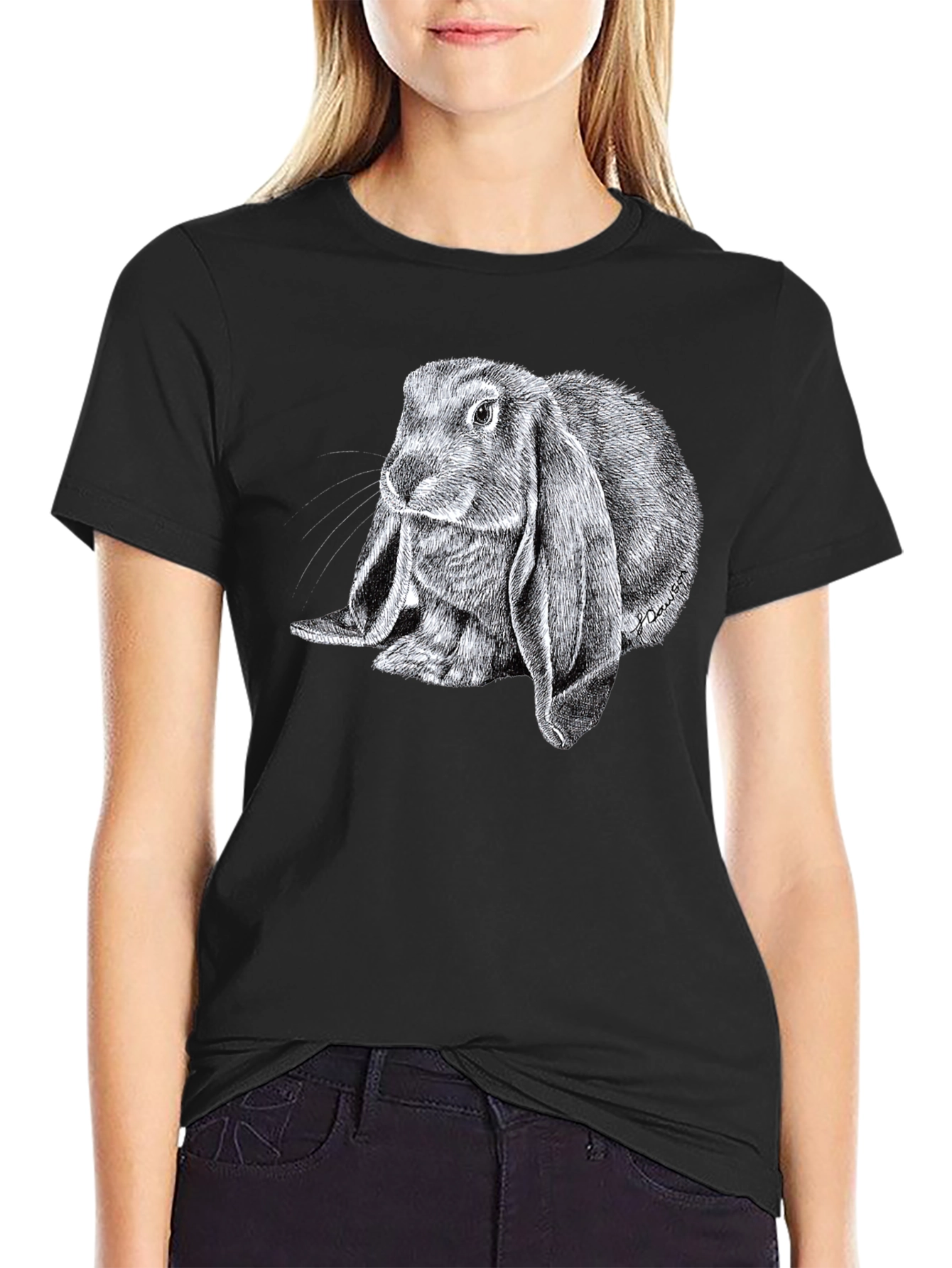 Cute Lop Rabbit Graphic Tee - Black Cotton T-Shirt