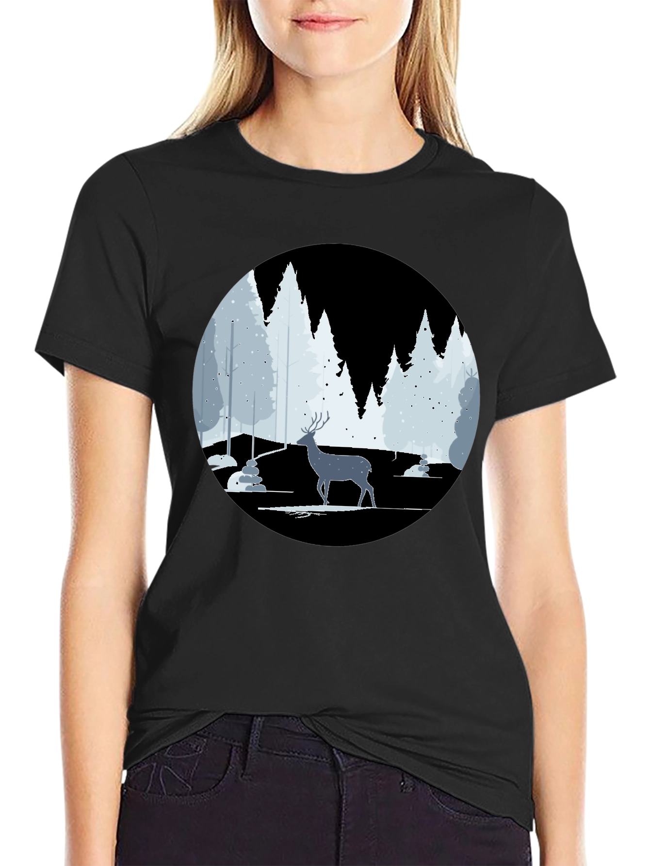 Winter Deer Scene Graphic Tee - Black
