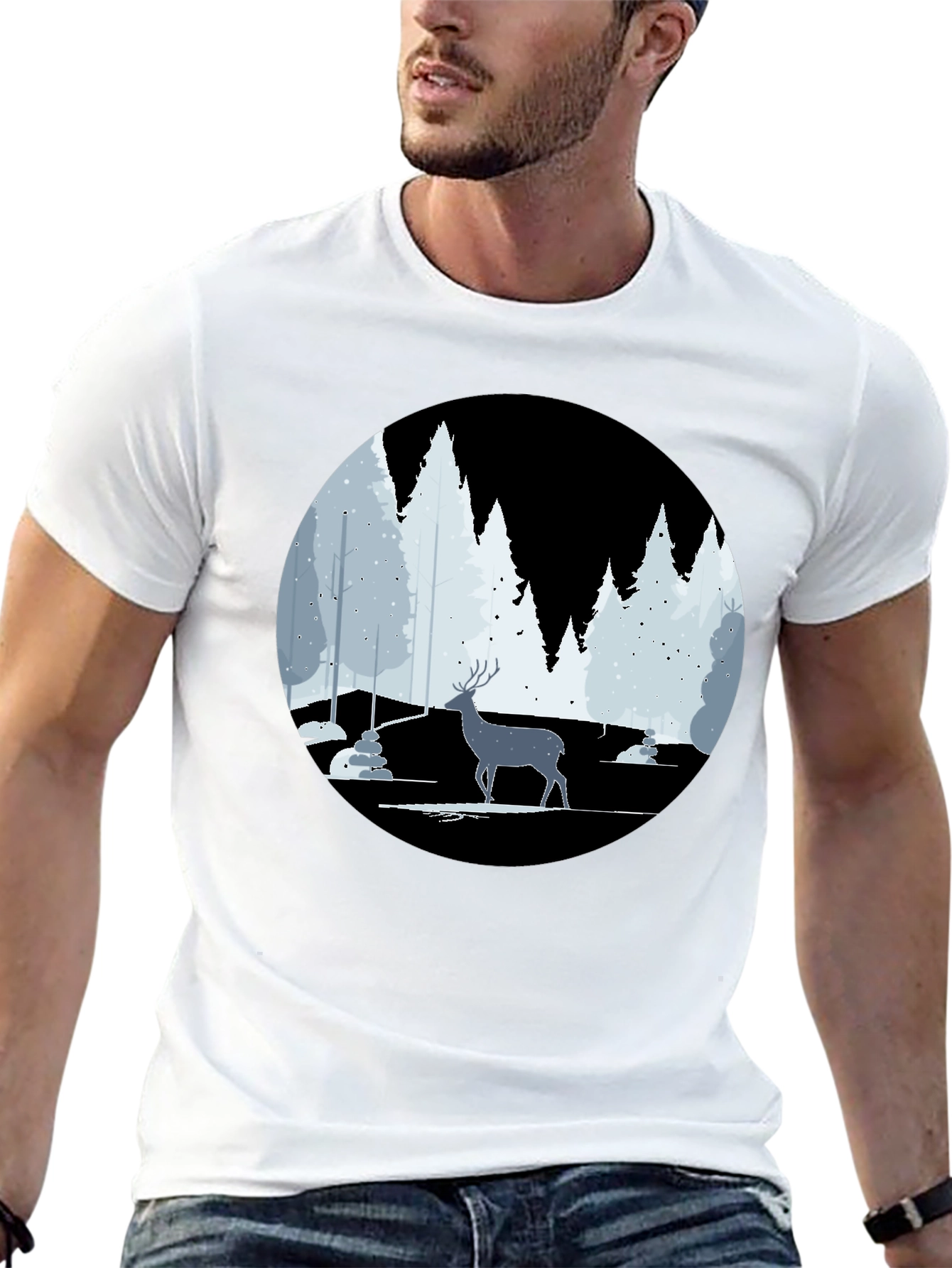 Winter Deer Scene Graphic Tee - Black