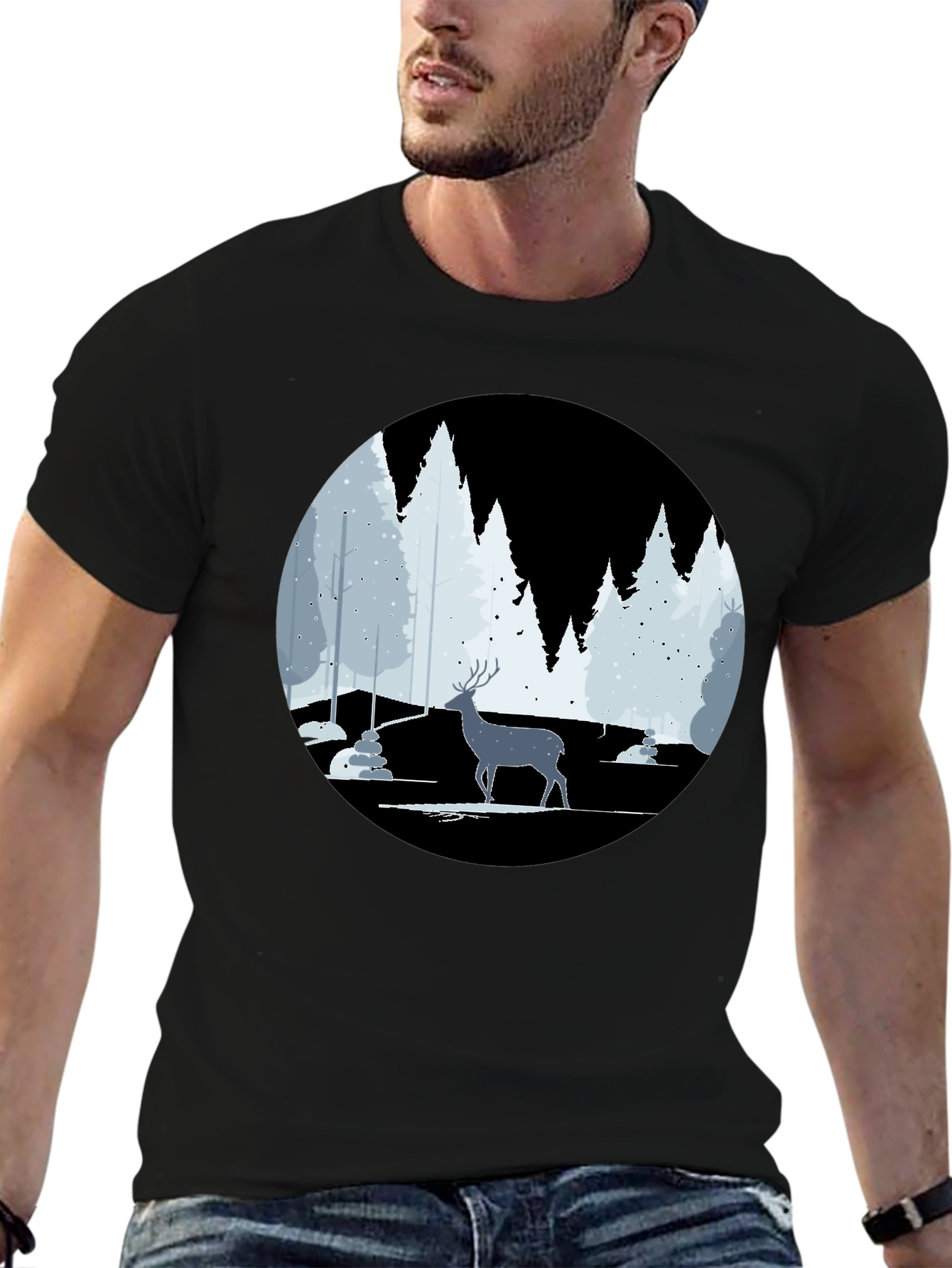 Winter Deer Scene Graphic Tee - Black