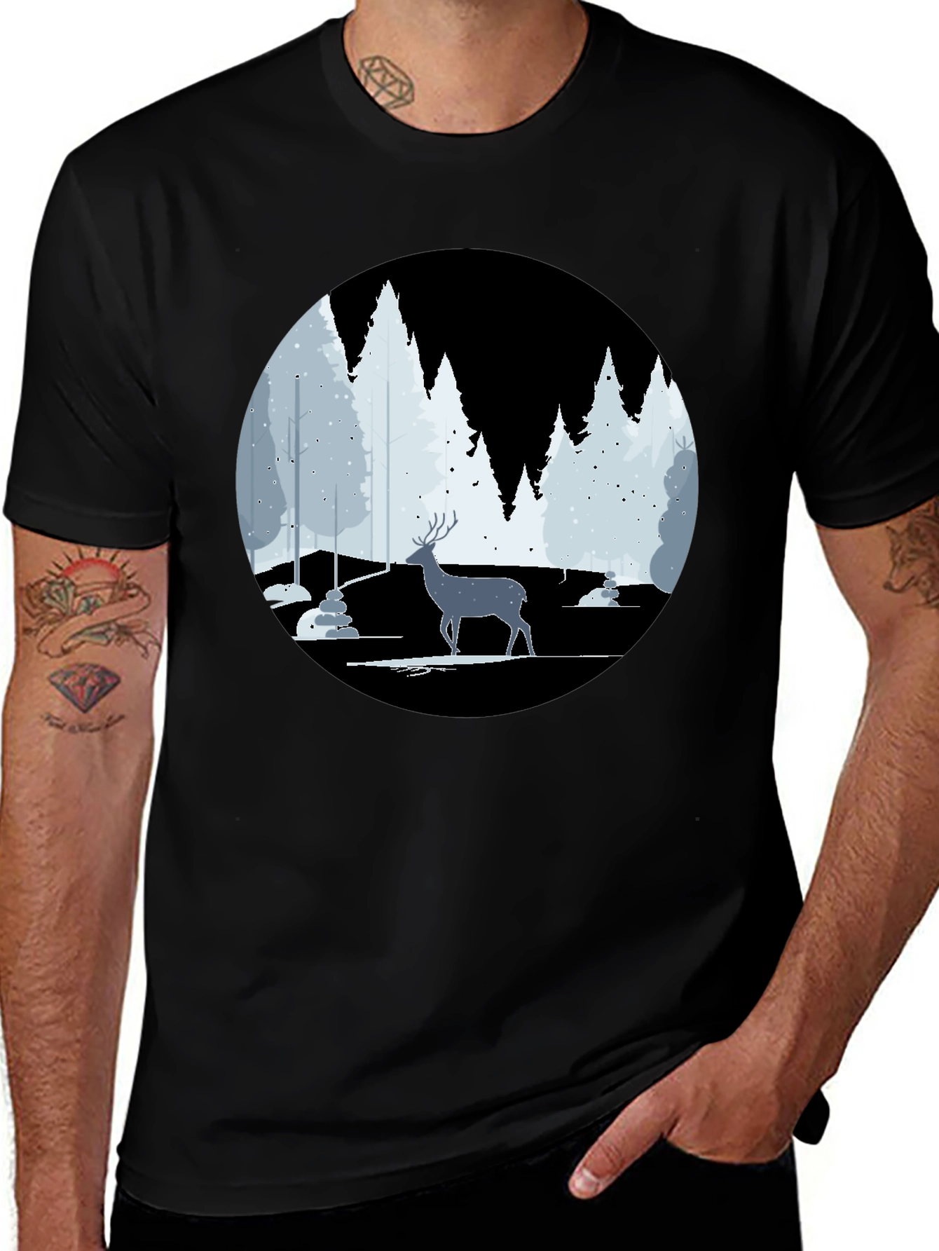 Winter Deer Scene Graphic Tee - Black