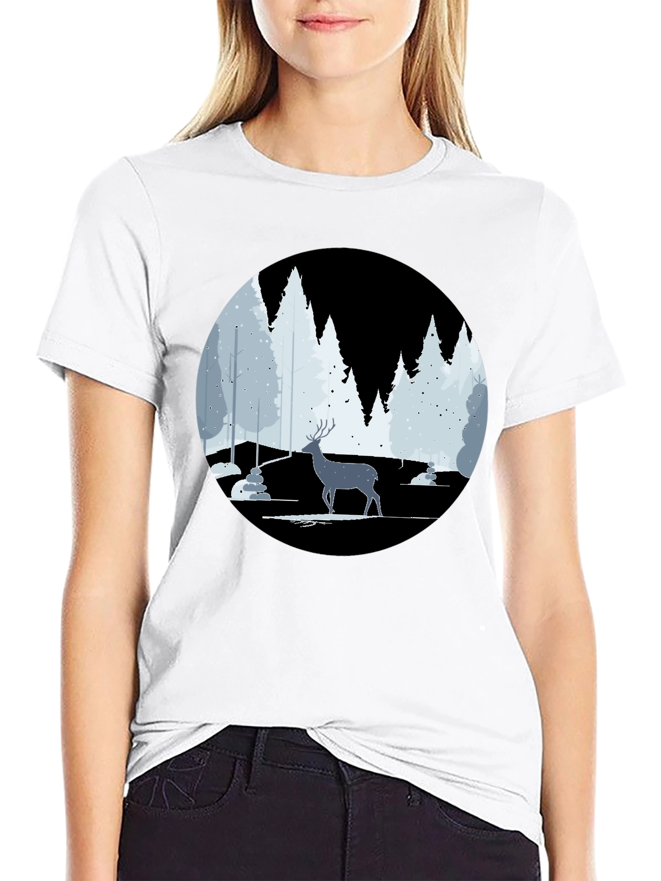 Winter Deer Scene Graphic Tee - Black
