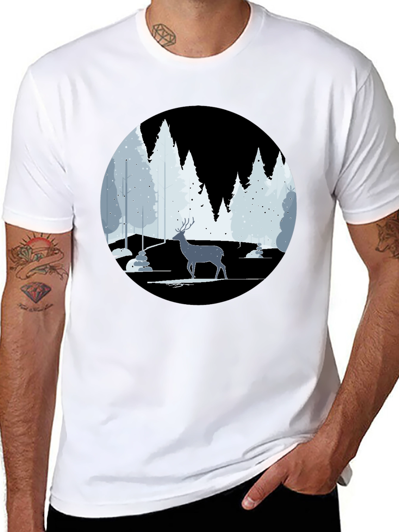 Winter Deer Scene Graphic Tee - Black