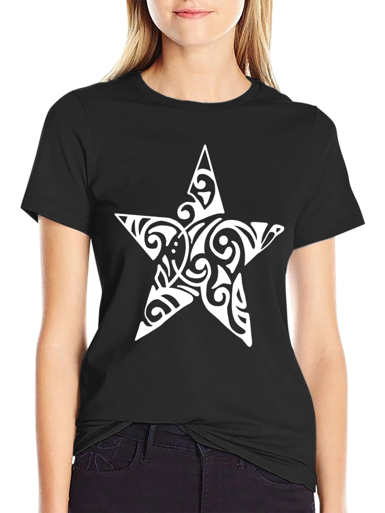 Tribal Star Graphic Tee - Black Cotton Casual Top