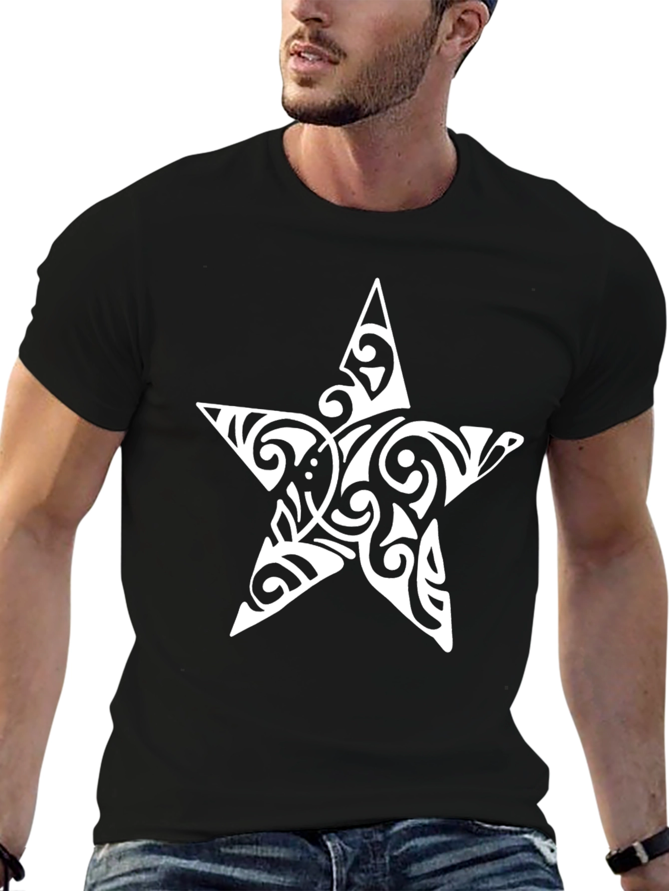 Tribal Star Graphic Tee - Black Cotton Casual Top