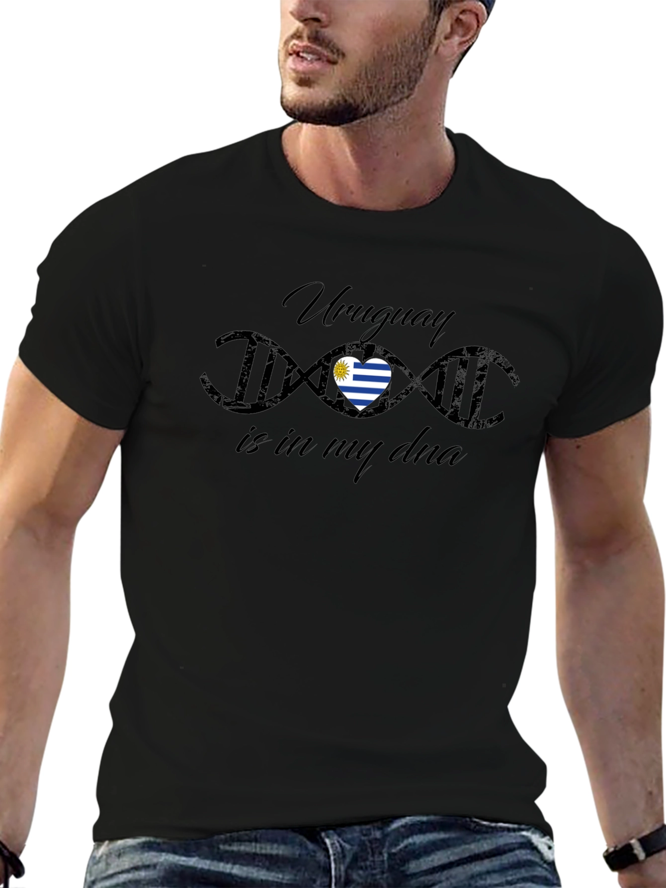 Uruguay DNA Flag Heart Black T-Shirt