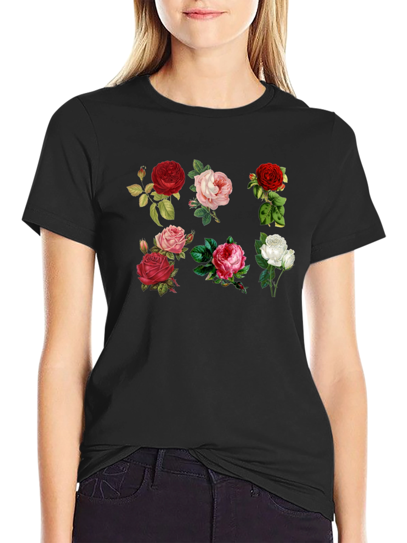 Floral Roses Print Black T-Shirt