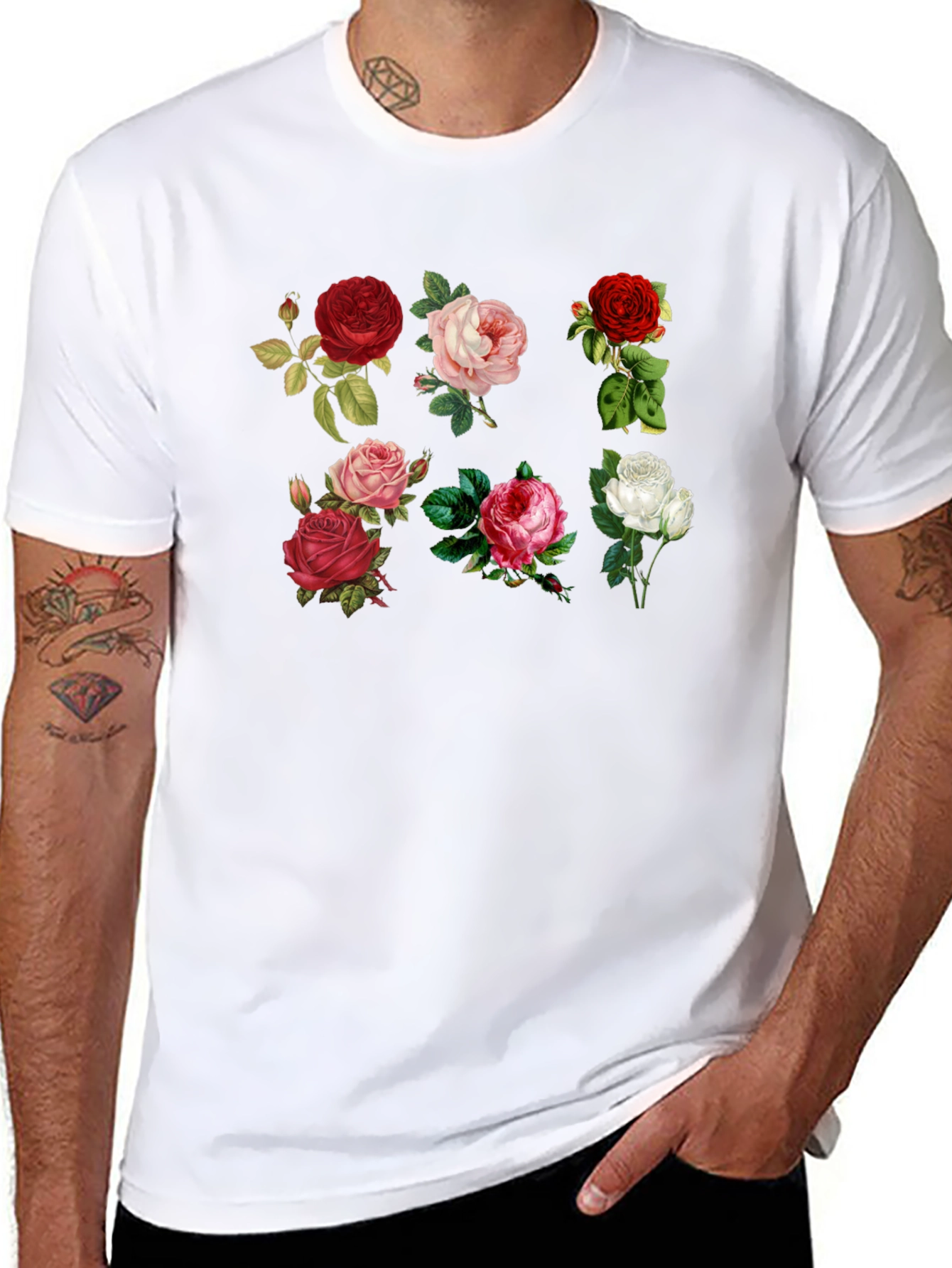 Floral Roses Print Black T-Shirt