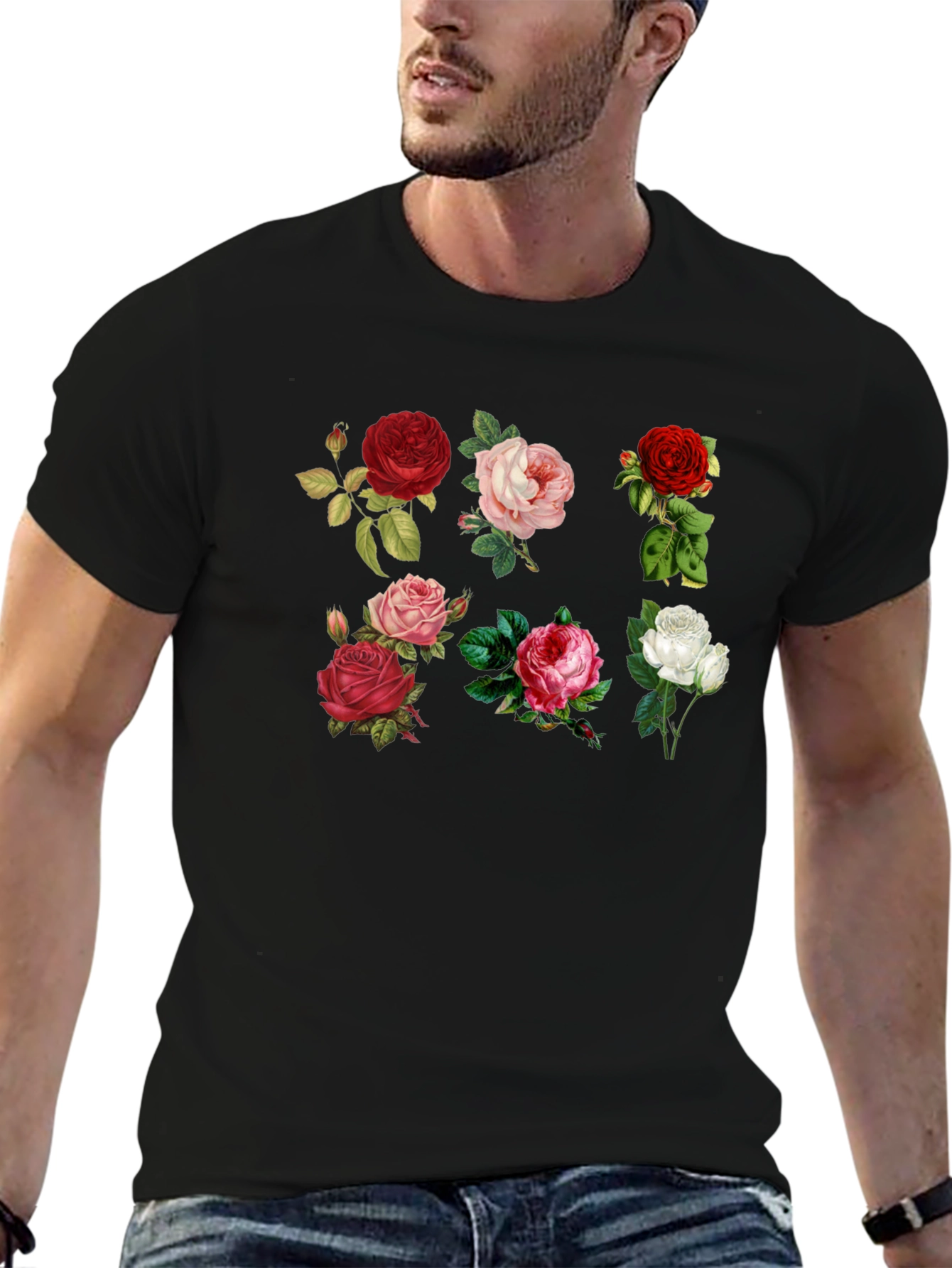 Floral Roses Print Black T-Shirt