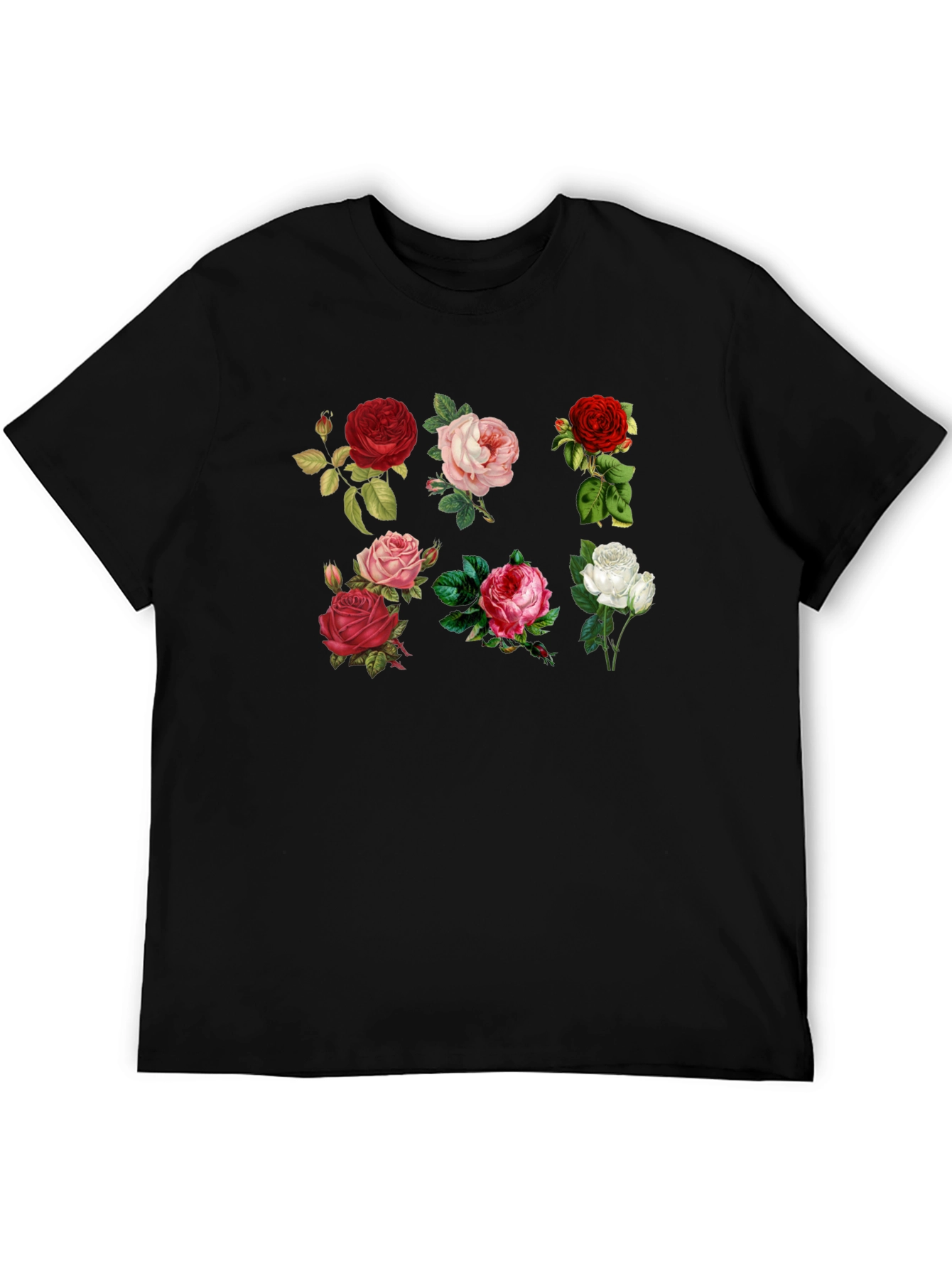Floral Roses Print Black T-Shirt