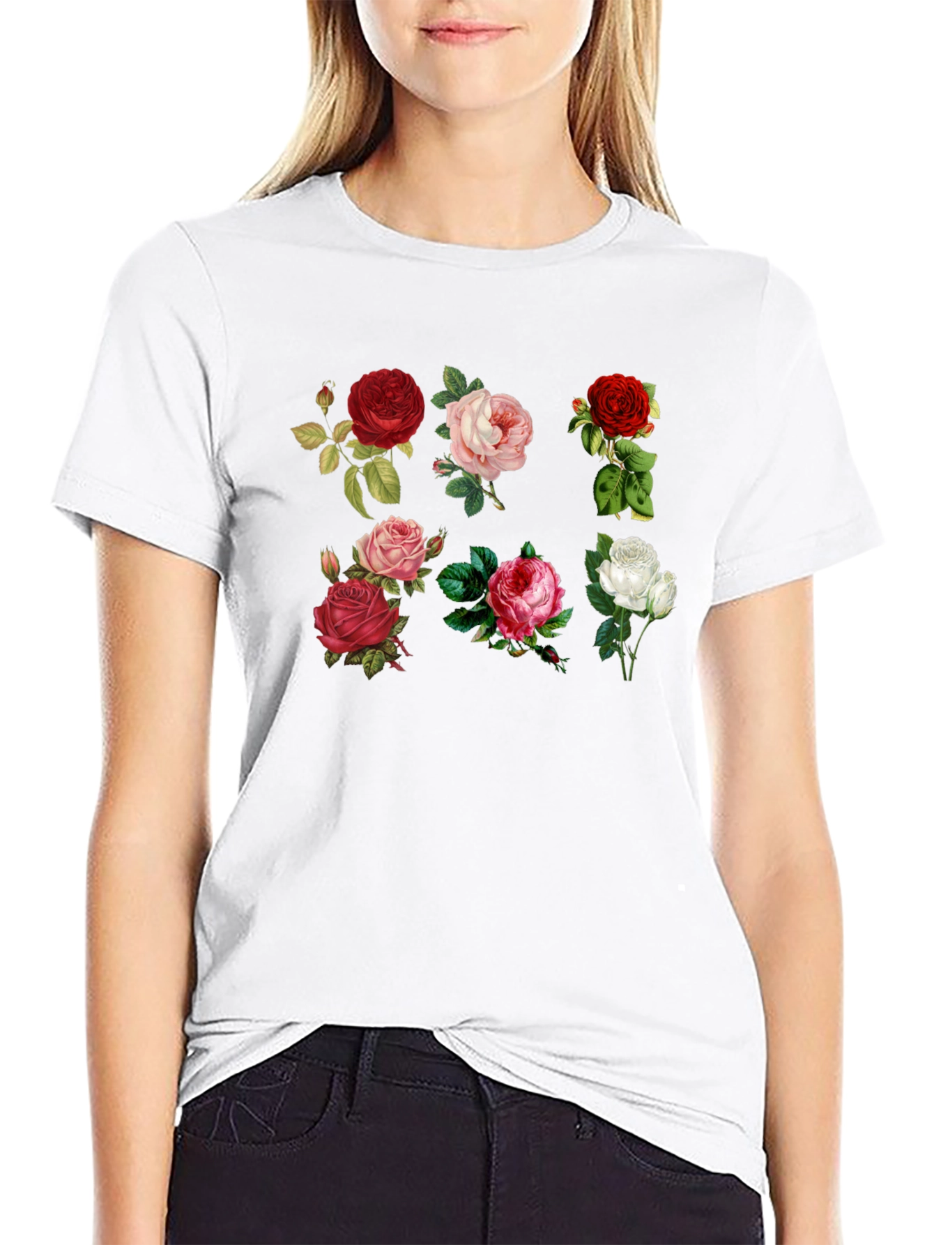 Floral Roses Print Black T-Shirt