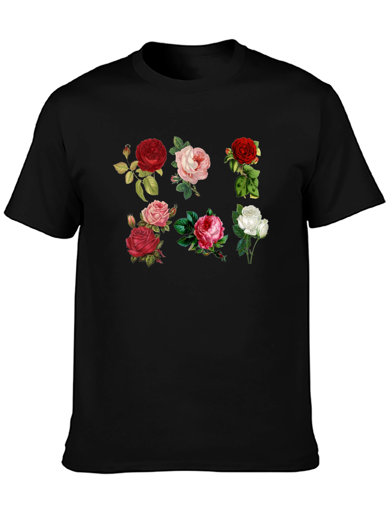 Floral Roses Print Black T-Shirt