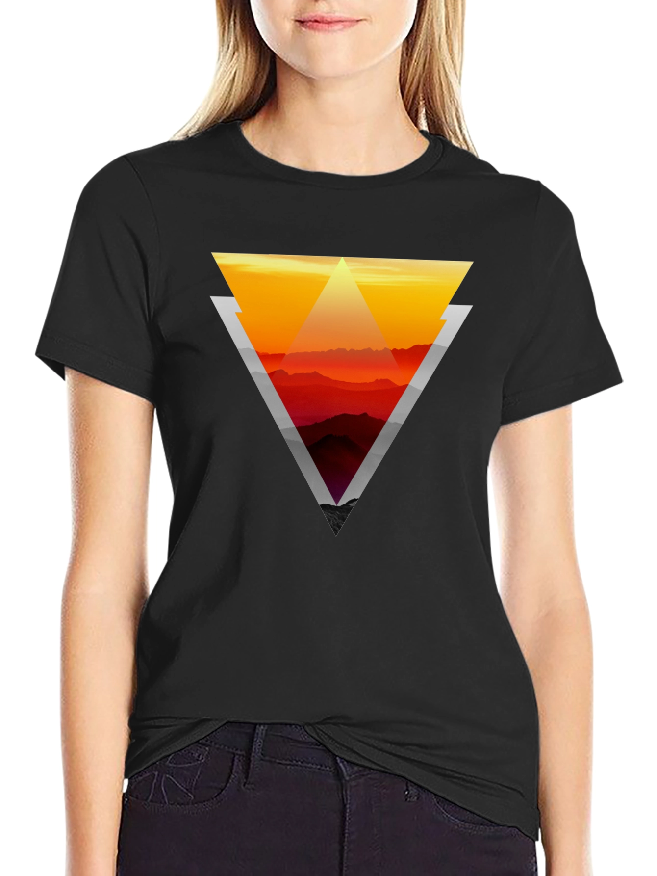 Geometric Sunset Graphic Tee - Stylish Mens Black T-Shirt