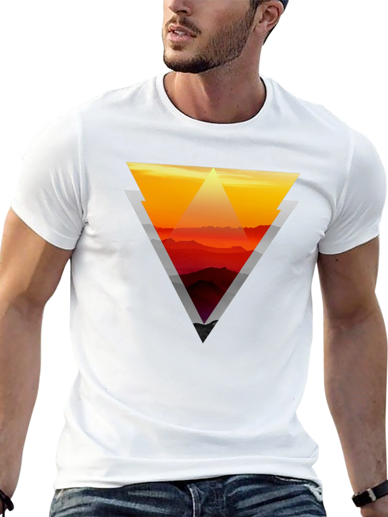 Geometric Sunset Graphic Tee - Stylish Mens Black T-Shirt