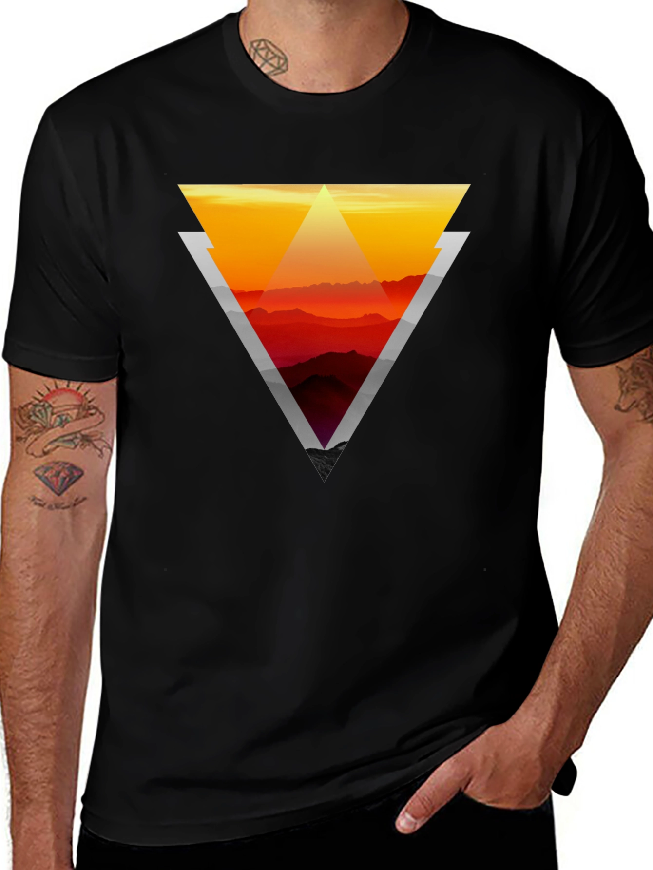 Geometric Sunset Graphic Tee - Stylish Mens Black T-Shirt