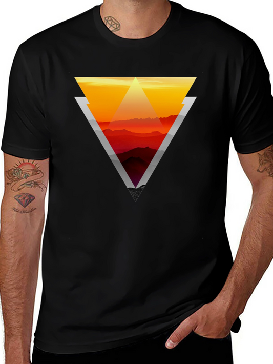 Geometric Sunset Graphic Tee - Stylish Mens Black T-Shirt