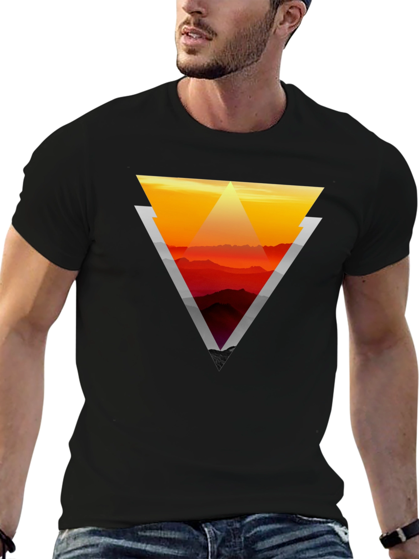Geometric Sunset Graphic Tee - Stylish Mens Black T-Shirt