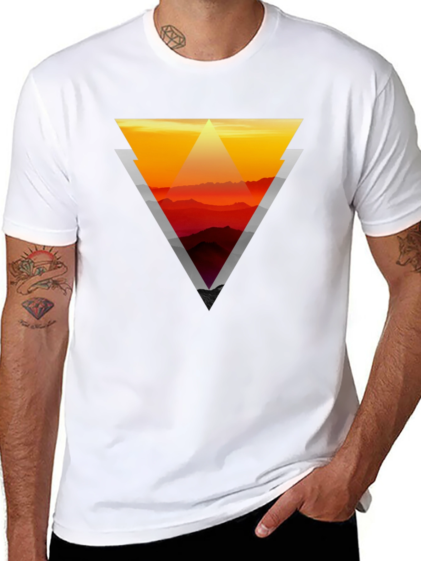 Geometric Sunset Graphic Tee - Stylish Mens Black T-Shirt