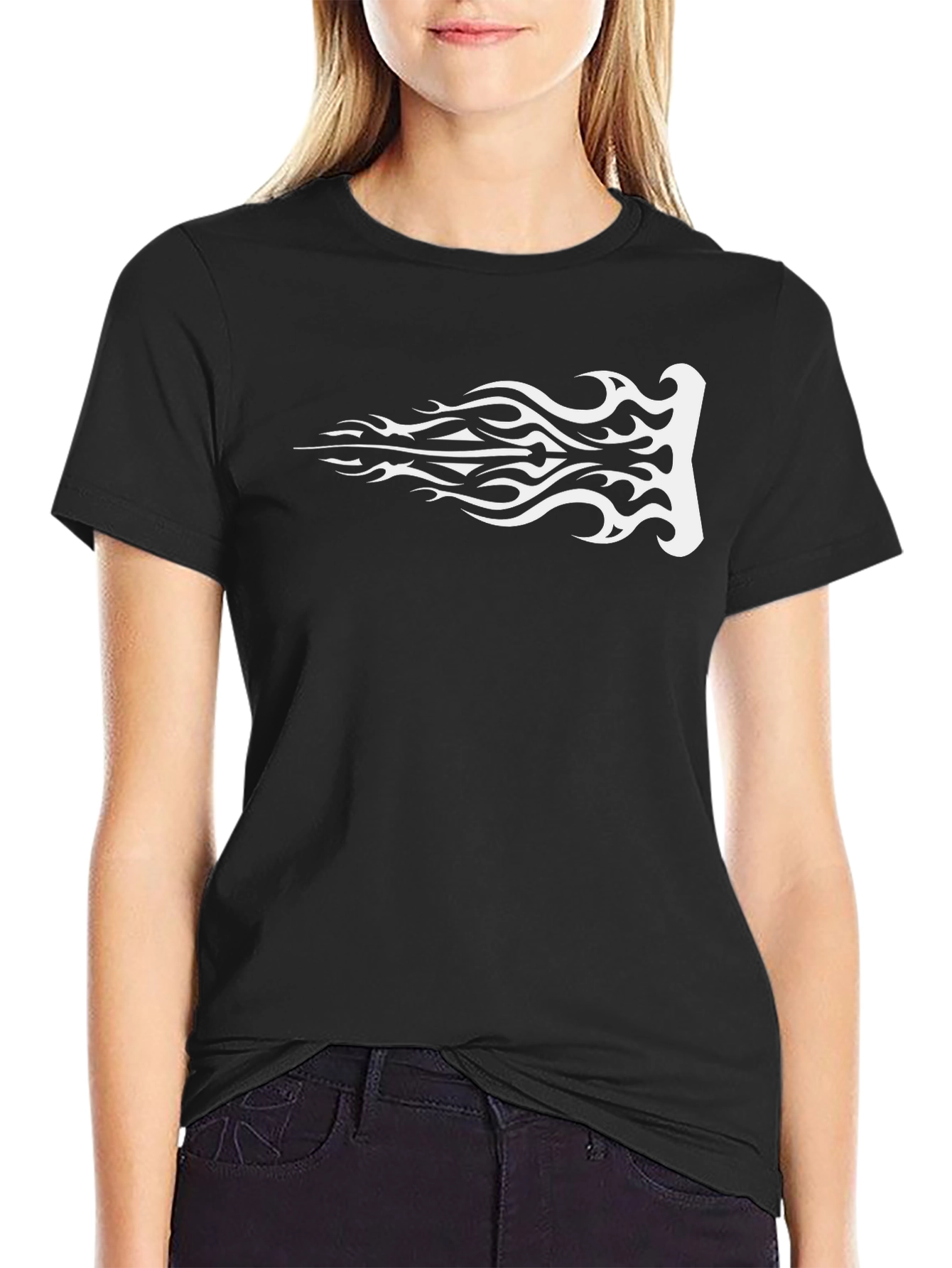 Mens Black T-Shirt with White Tribal Flame Graphic