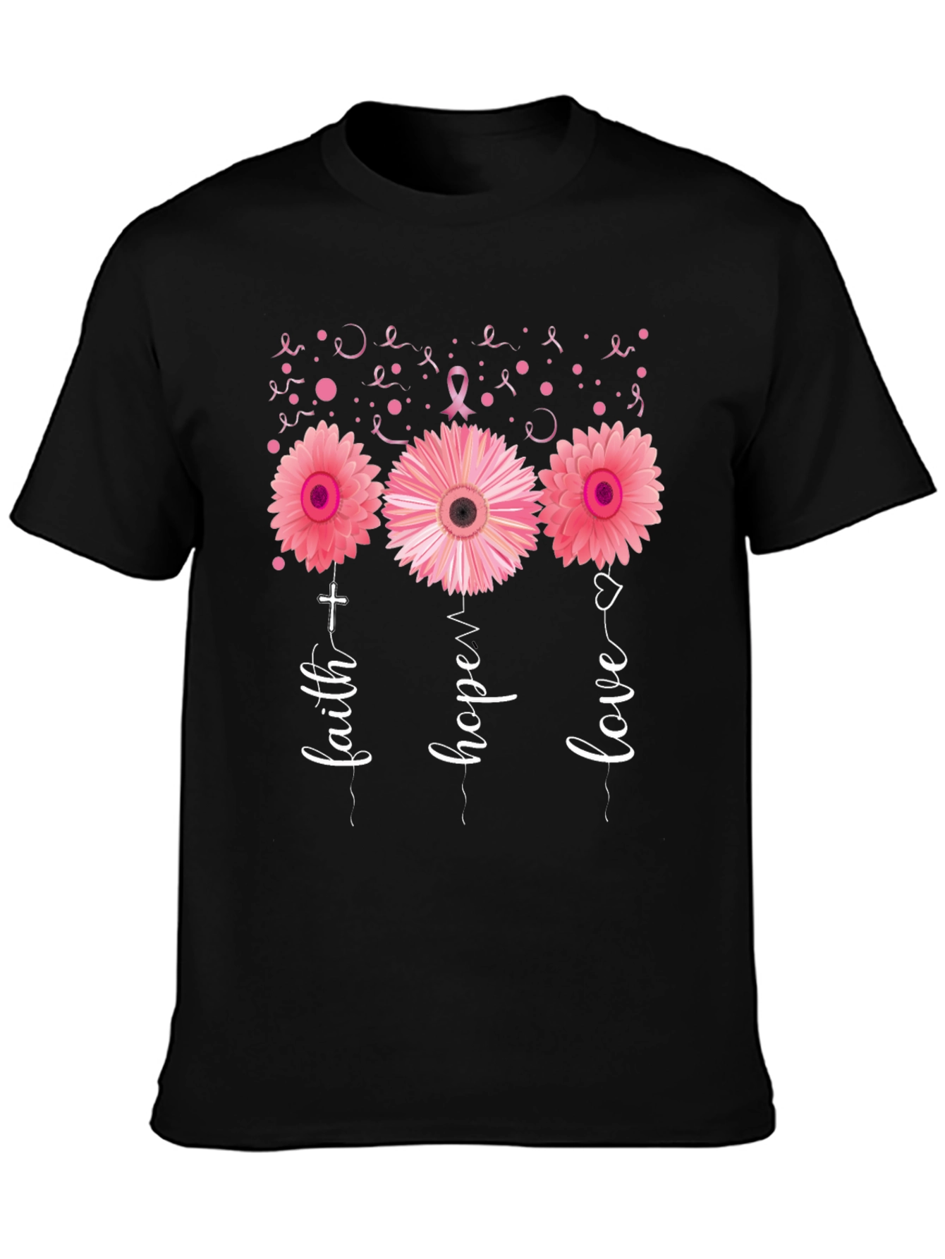 Faith Hope Love Breast Cancer Awareness Black T-Shirt