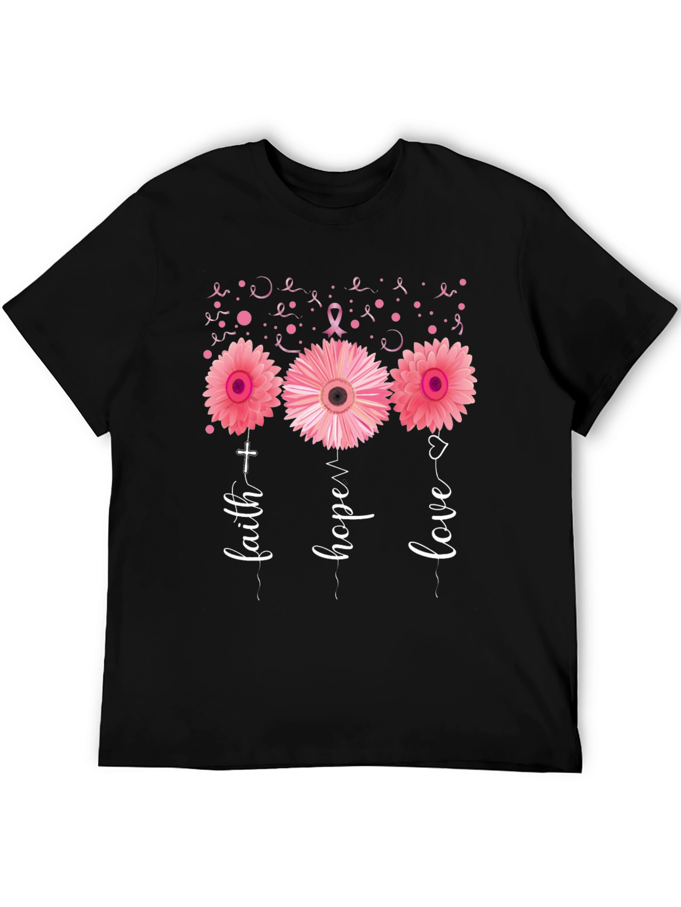 Faith Hope Love Breast Cancer Awareness Black T-Shirt