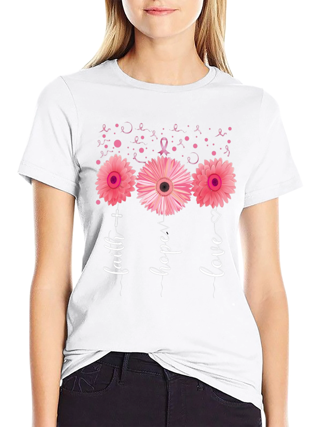 Faith Hope Love Breast Cancer Awareness Black T-Shirt
