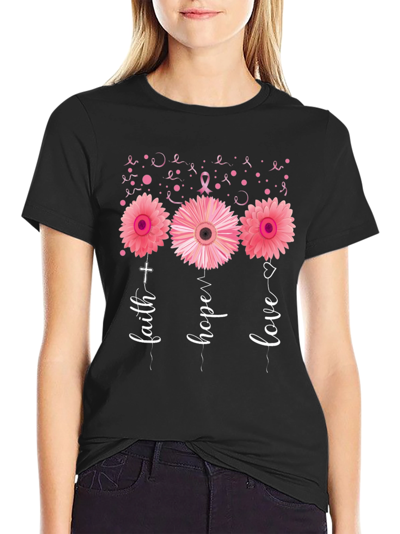Faith Hope Love Breast Cancer Awareness Black T-Shirt