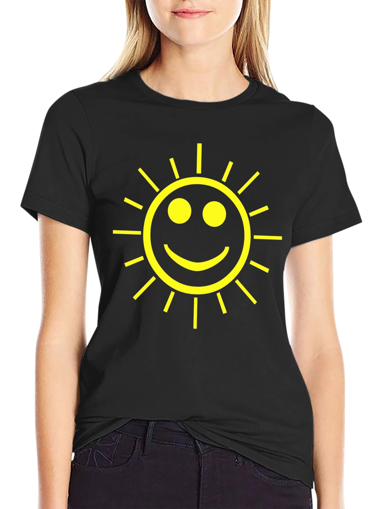 Smiley Sun Graphic Tee - Black Cotton T-Shirt