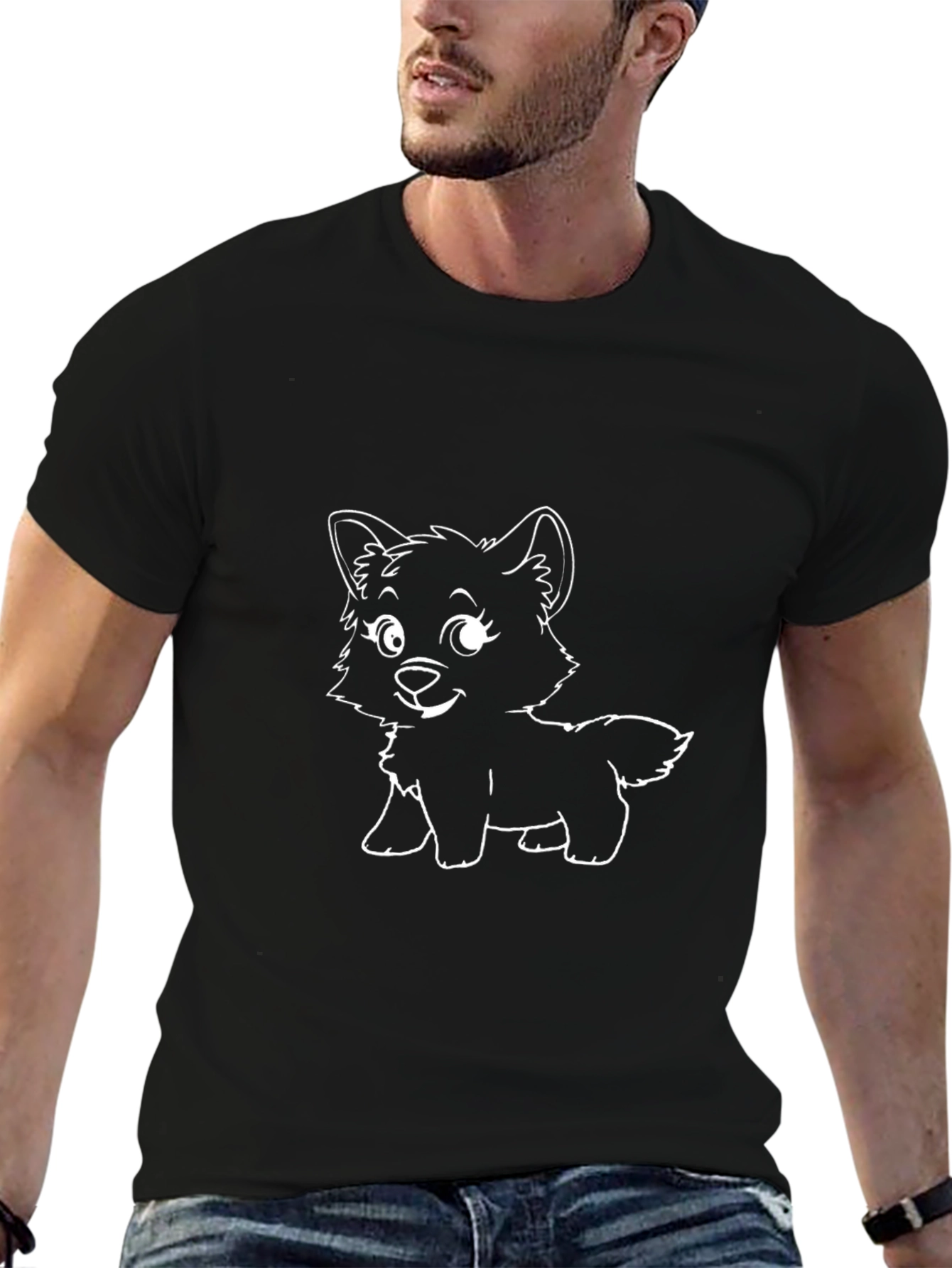 Cute Cartoon Dog Graphic Tee - Black Cotton T-Shirt
