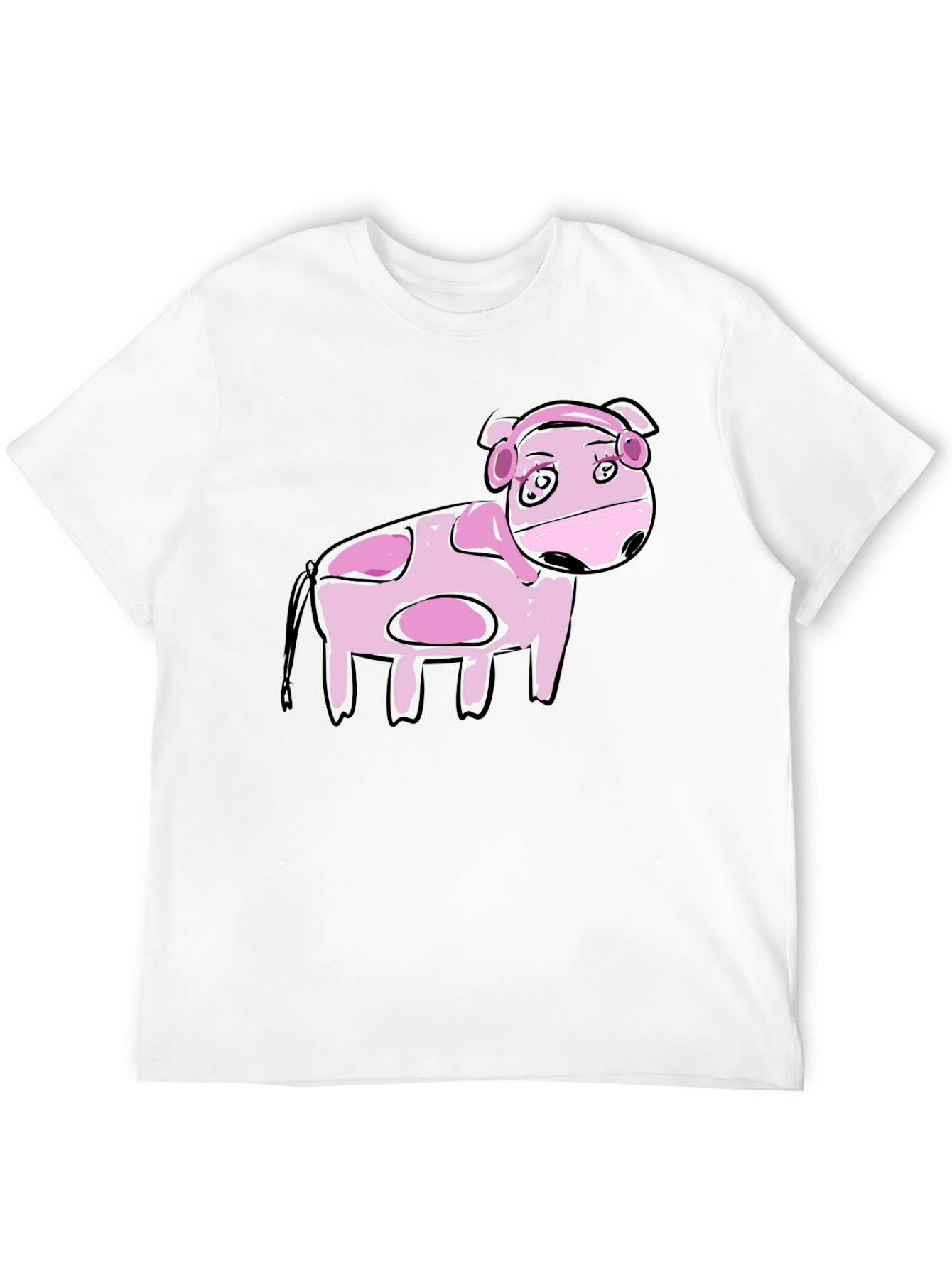 Cartoon Pink Cow Black T-Shirt
