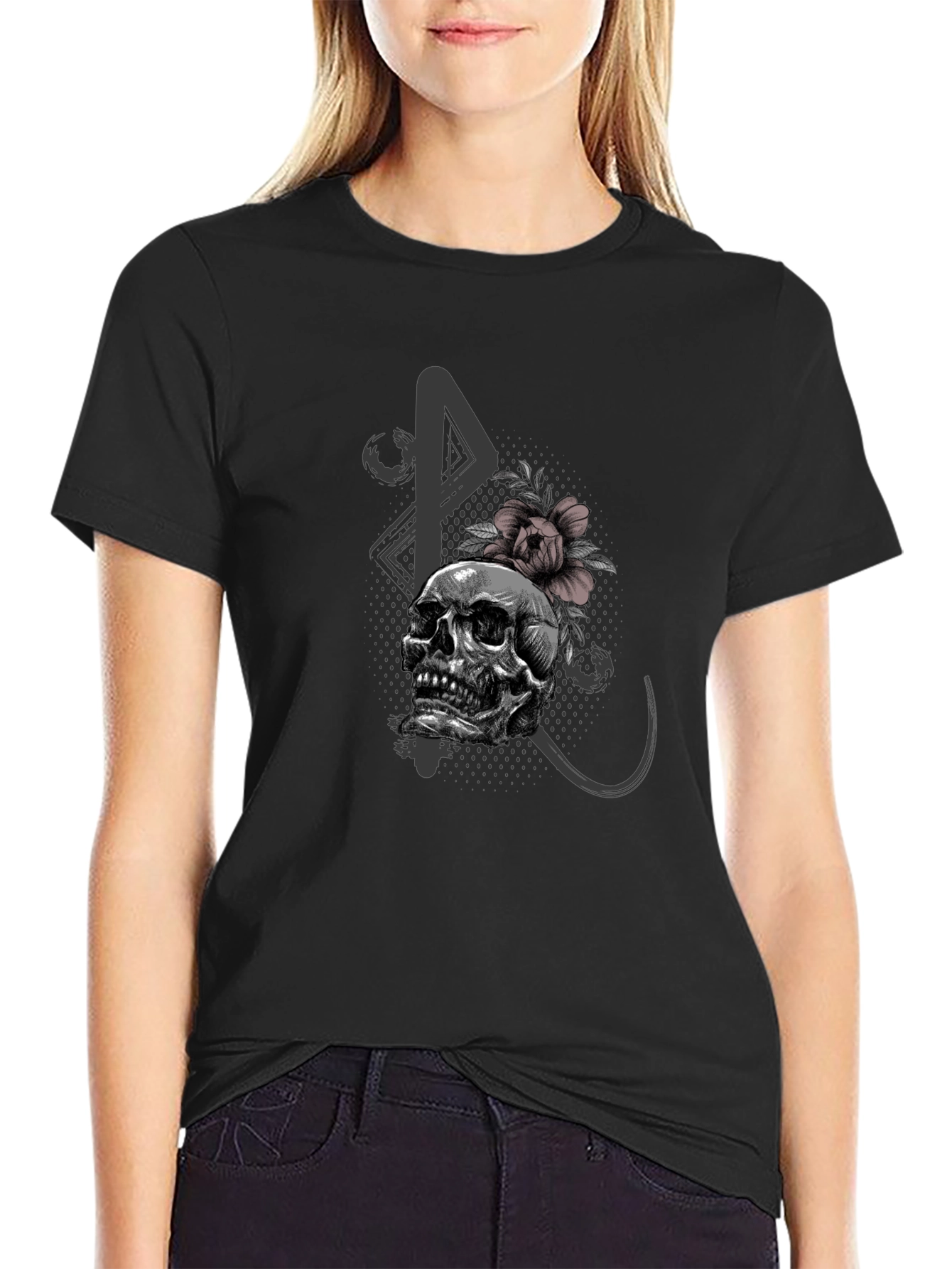 Skull and Flower Graphic Print Black T-Shirt