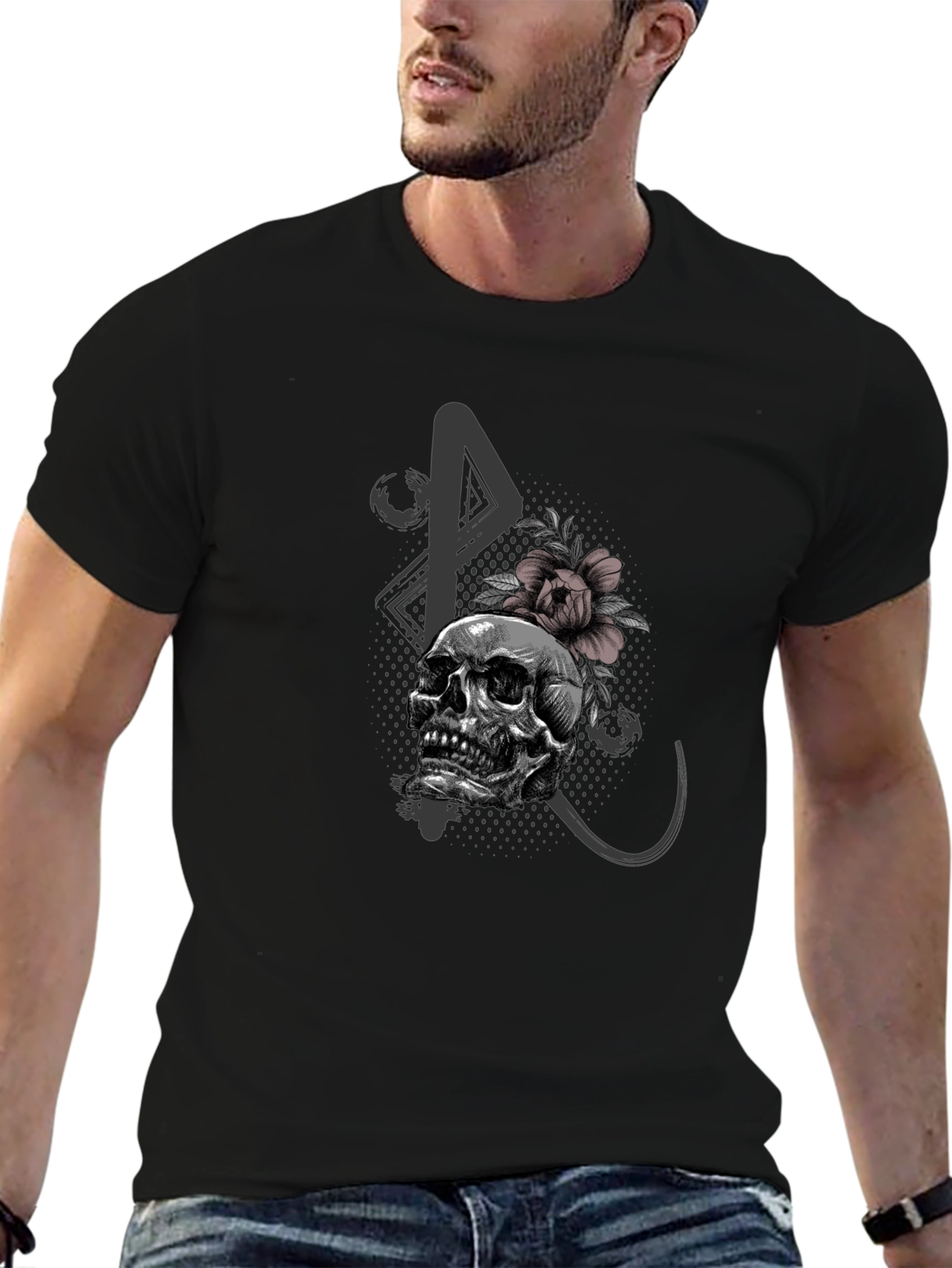 Skull and Flower Graphic Print Black T-Shirt