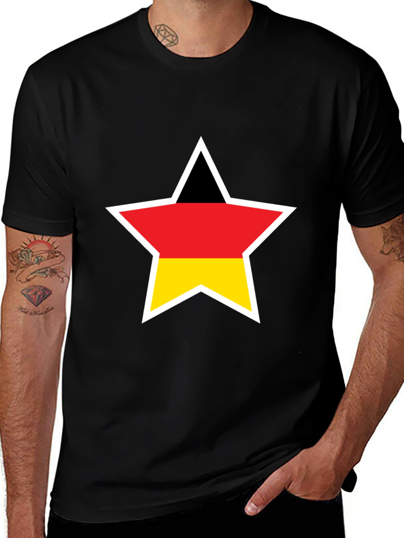 German Flag Star T-Shirt - Black Crew Neck Tee