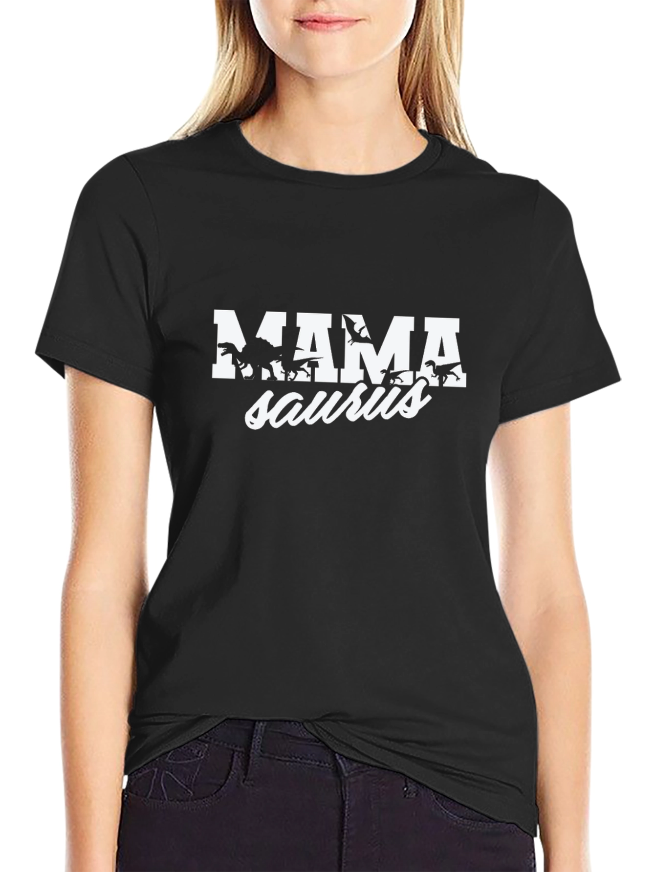 Mama Saurus Dinosaur Graphic Tee - Black Cotton