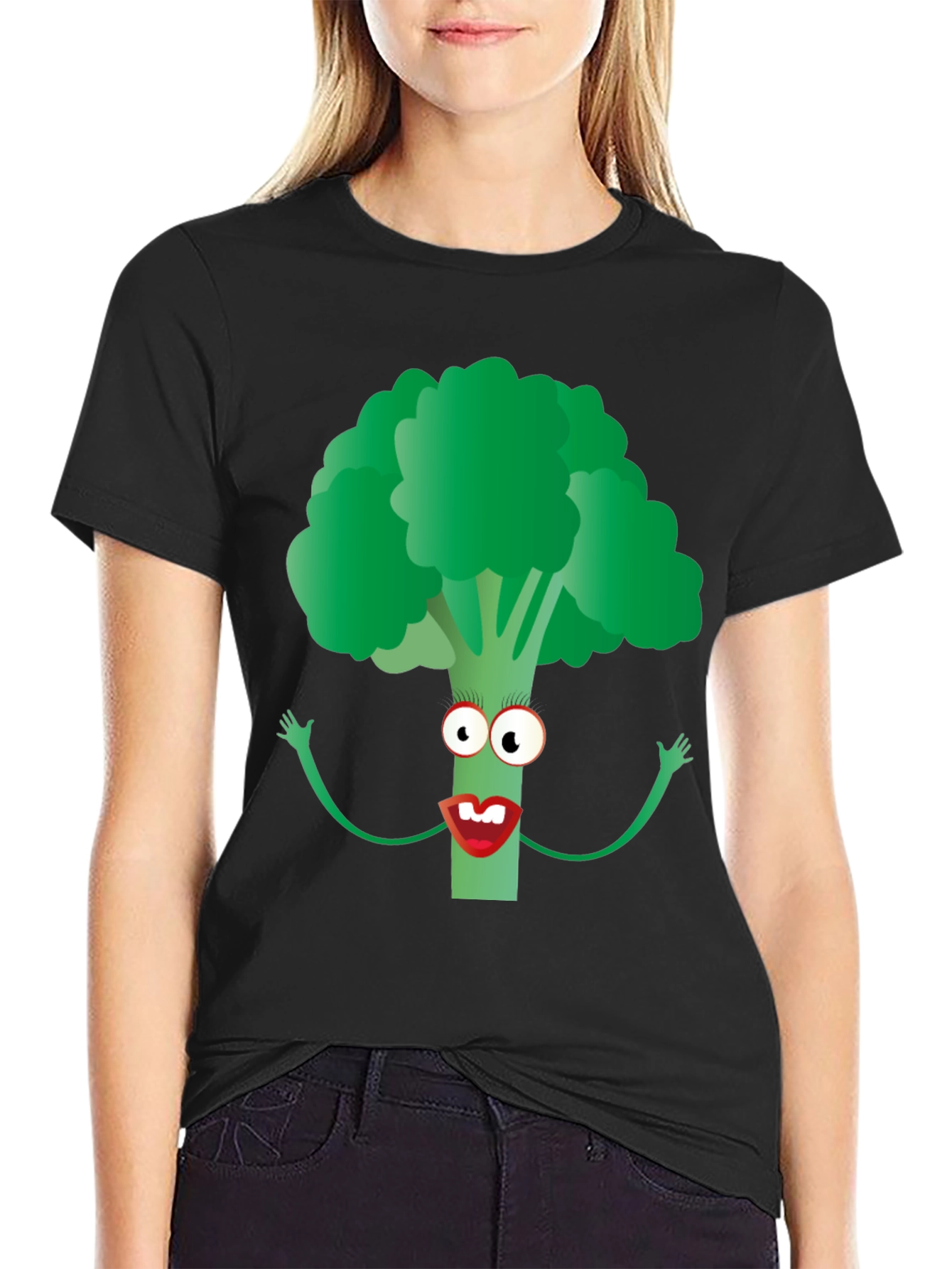 Broccoli Character Graphic Tee - Black Cotton Blend