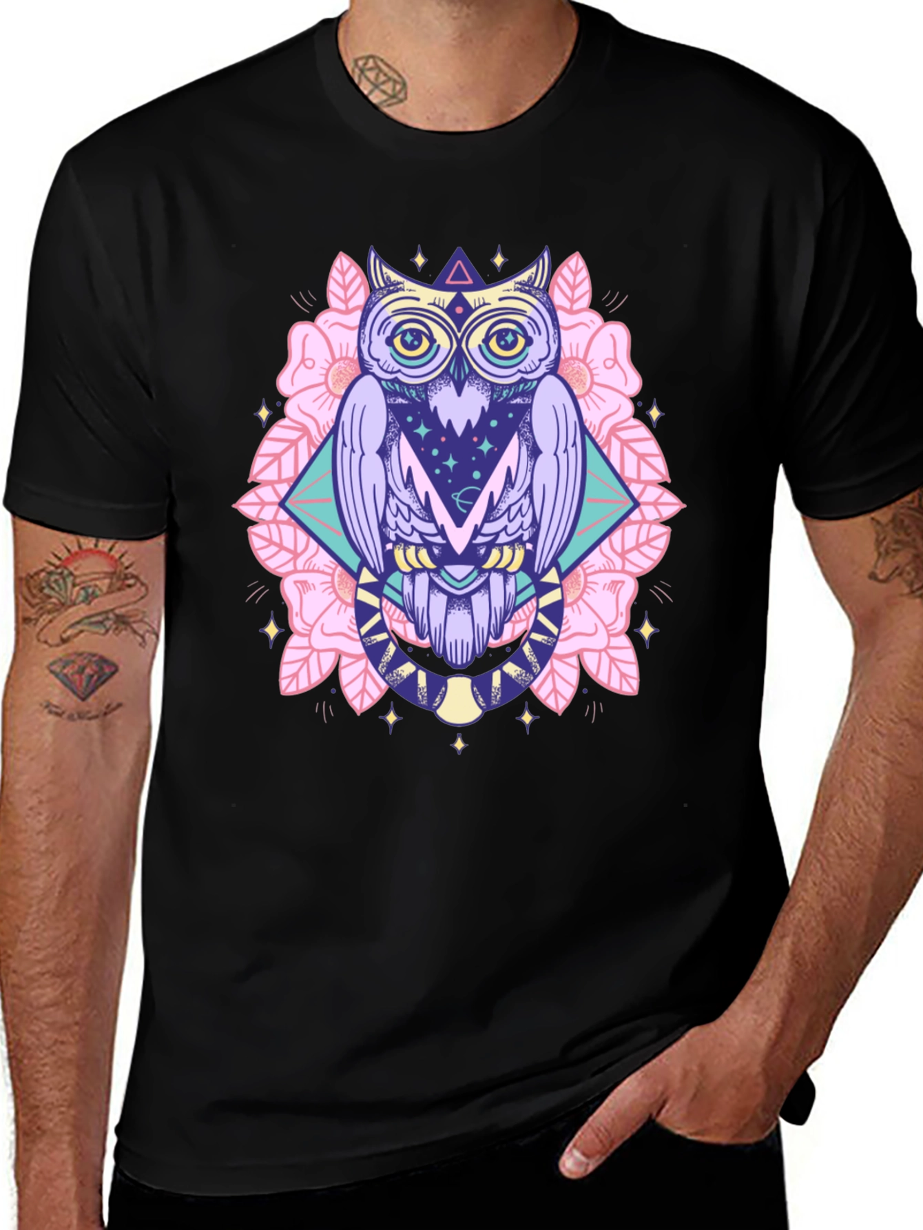 Mystical Owl Graphic Tee - Black Cotton Shirt