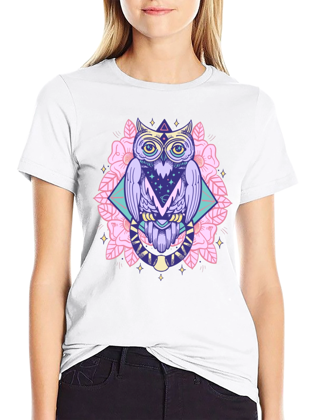 Mystical Owl Graphic Tee - Black Cotton Shirt